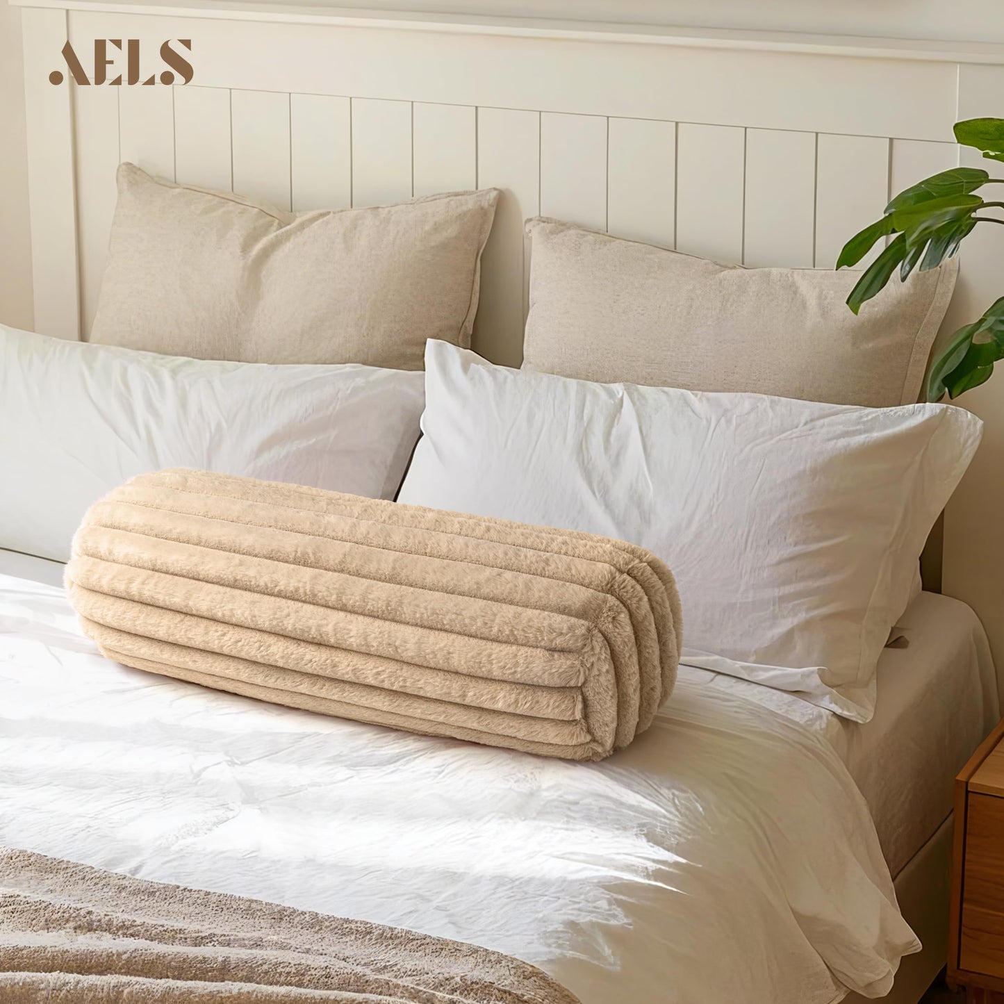 AELS Faux Fur Striped Cylinder Pillows Set of 2, 8" x 24" Decorative Modern Bolster Pillows with Removable Washable Cover & Insert, Body Pillow for Couch Bed, Living Room Bedroom Nursery Decor, White