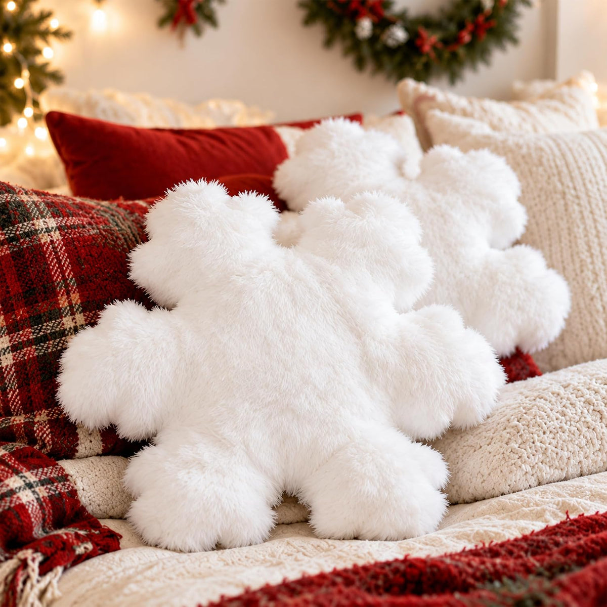 AELS Set of 2 Snowflake Christmas Faux Fur Decorative Throw Pillows, White