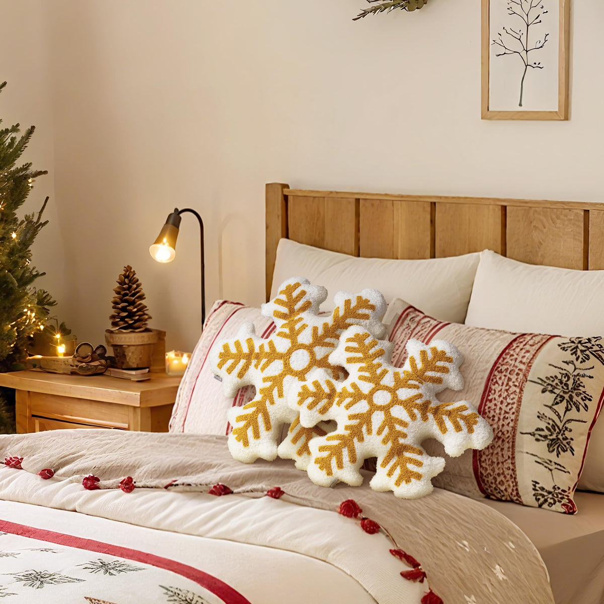 AELS Set of 2 Snowflake Christmas Faux Fur Decorative Throw Pillows, White