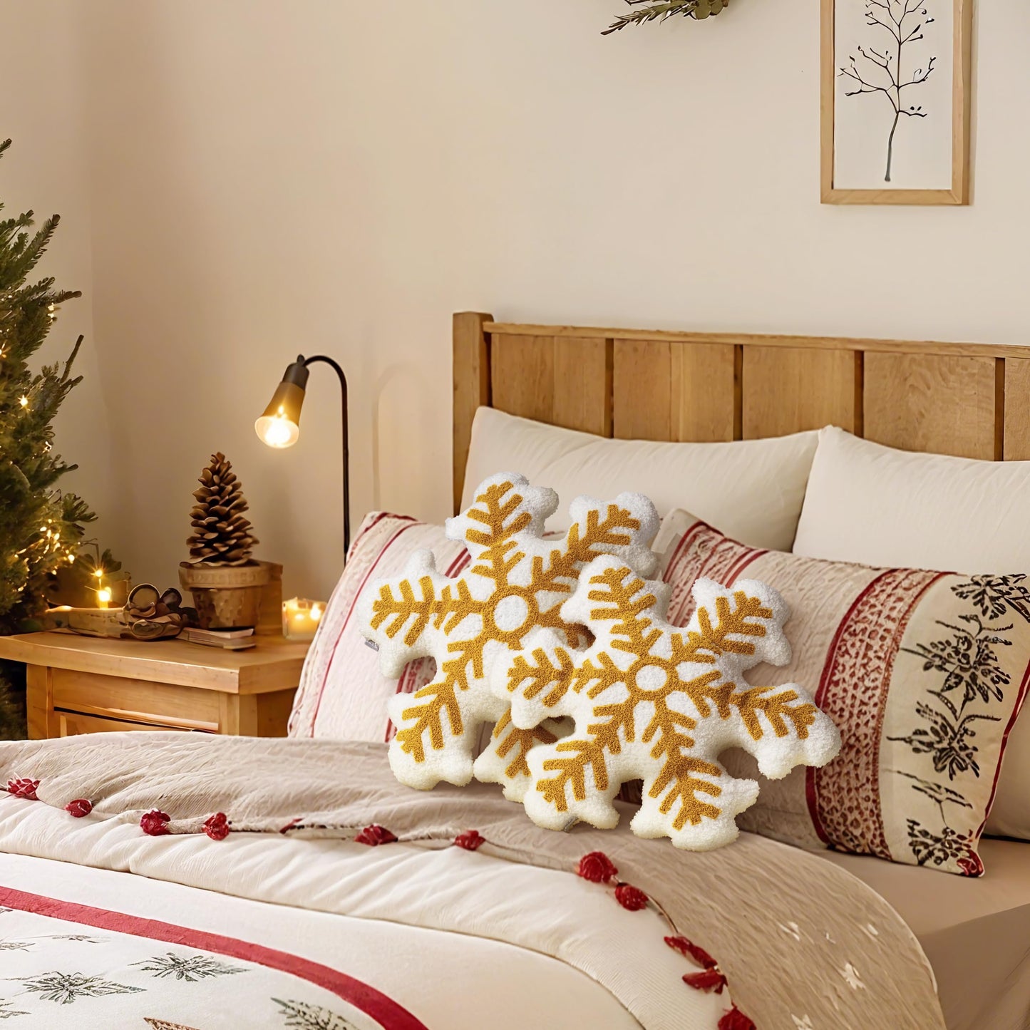AELS 21.6 Inches 3D Snowflake Christmas Decorative Throw Pillow, Cute Winter Faux Fur Plush Throw Pillow, Living Room Bedroom Nursery Decor, White Christmas Decoration, Snow White