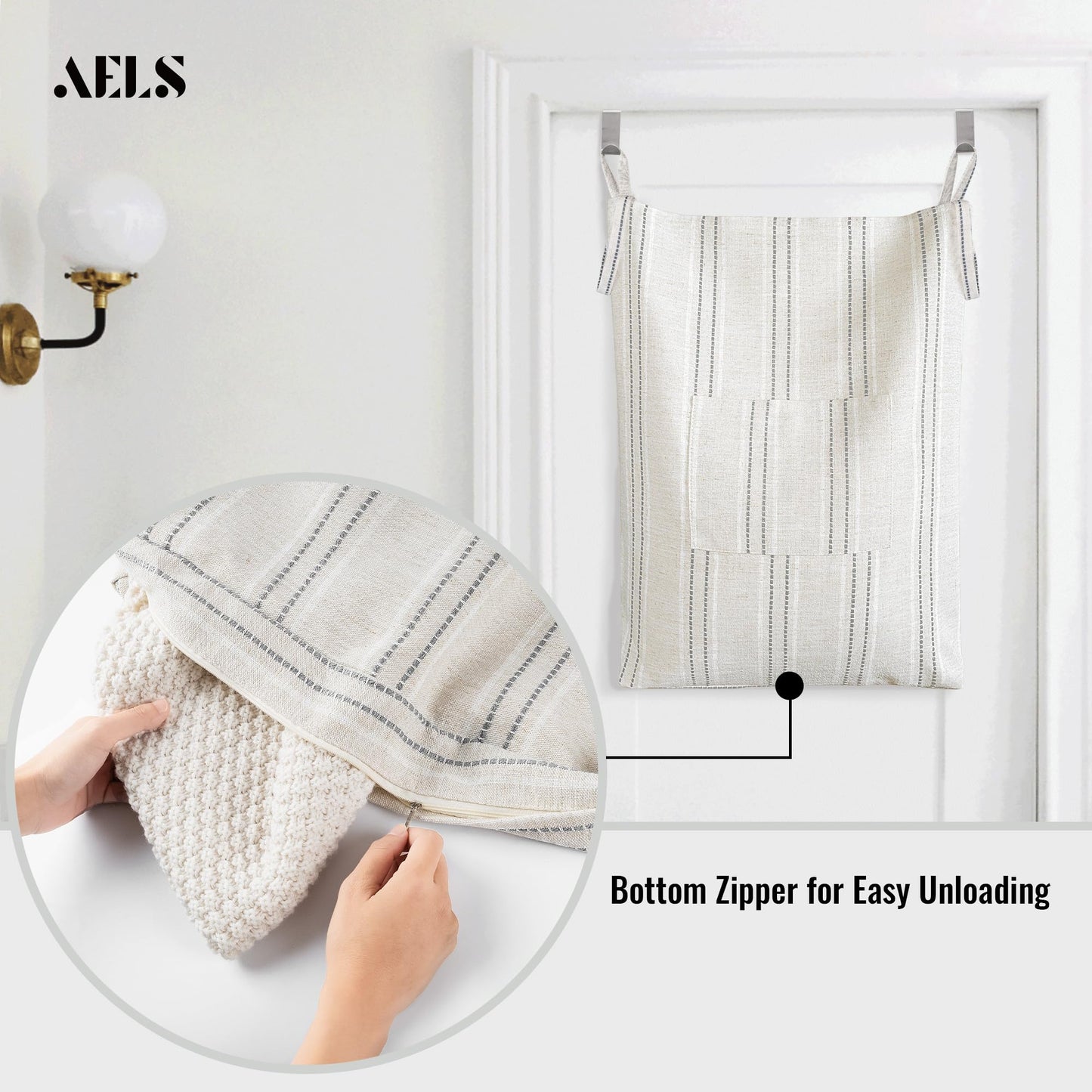 Farmhouse Hanging Laundry Hamper with 2 Hooks, Washable Beige & Stripes Laundry Bag with Zipper & Wide Open Top, Over the Door Organizer for Dirty Clothes, Space Saving Storage