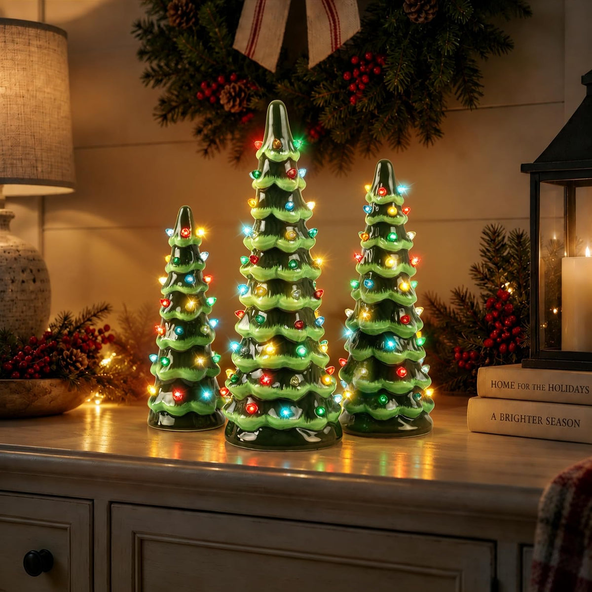 AELS Cordless Lighted Ceramic Christmas Tree Set of 3 Pre-Lit Green