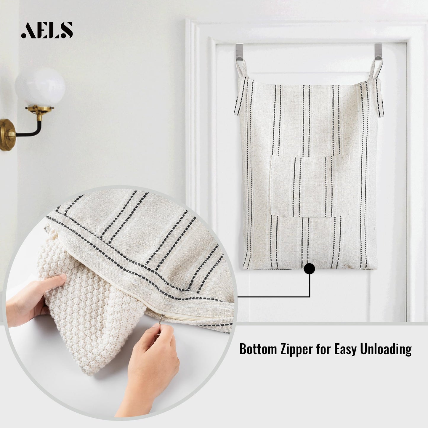 Farmhouse Hanging Laundry Hamper with 2 Hooks, Washable Beige & Stripes Laundry Bag with Zipper & Wide Open Top, Over the Door Organizer for Dirty Clothes, Space Saving Storage