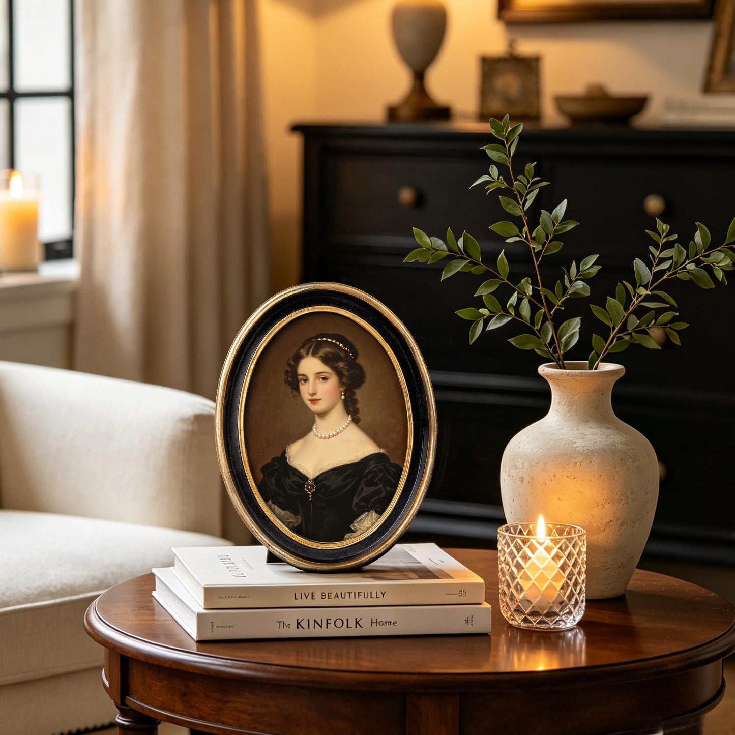 AELS 2.5x3.5 Inch Small Wallet Size Vintage Picture Frame, Elegant Antique Mini Photo Frames with Glass Front, Photo Display, Tabletop Wall Hanging, Gift Ideas, Black Oval with Gold Trim