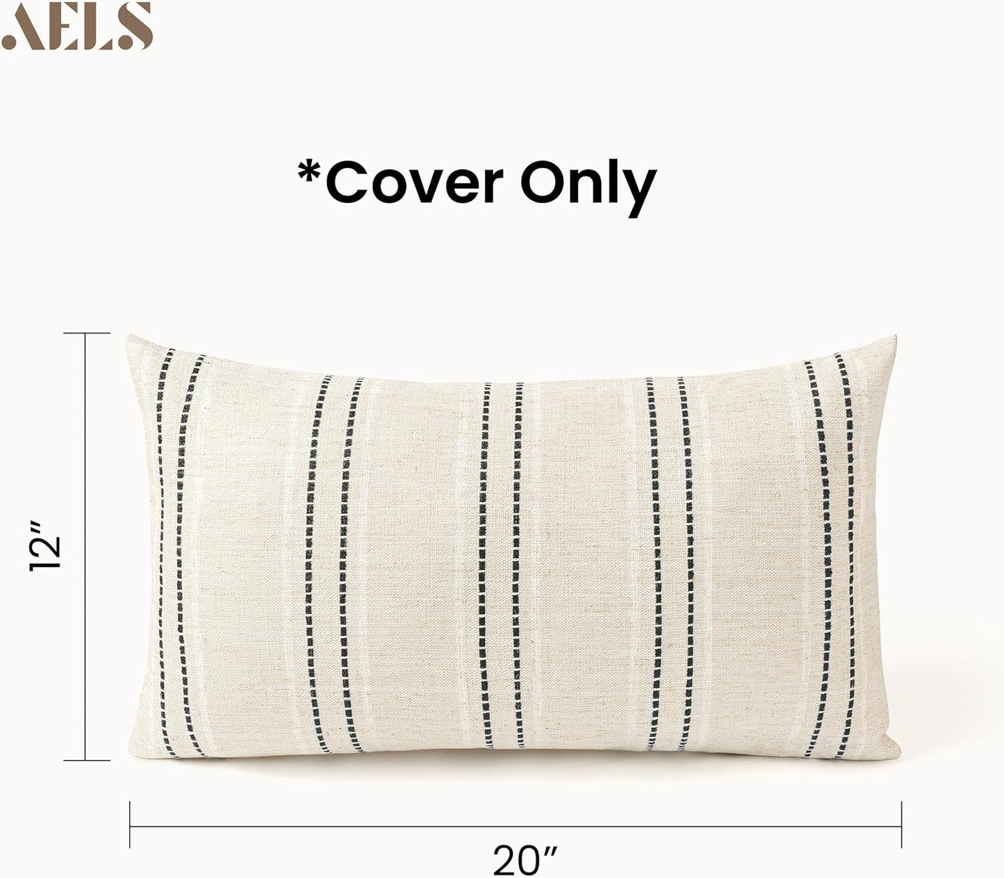 AELS 12x20 Decorative Farmhouse Linen Blend Throw Pillow Covers, Boho Textured Pillow Case, Set of 2, Beige with White & Brown Stitch Yarn Dyed Stripe Cushion Cover for Sofa Living Room (Cover ONLY)