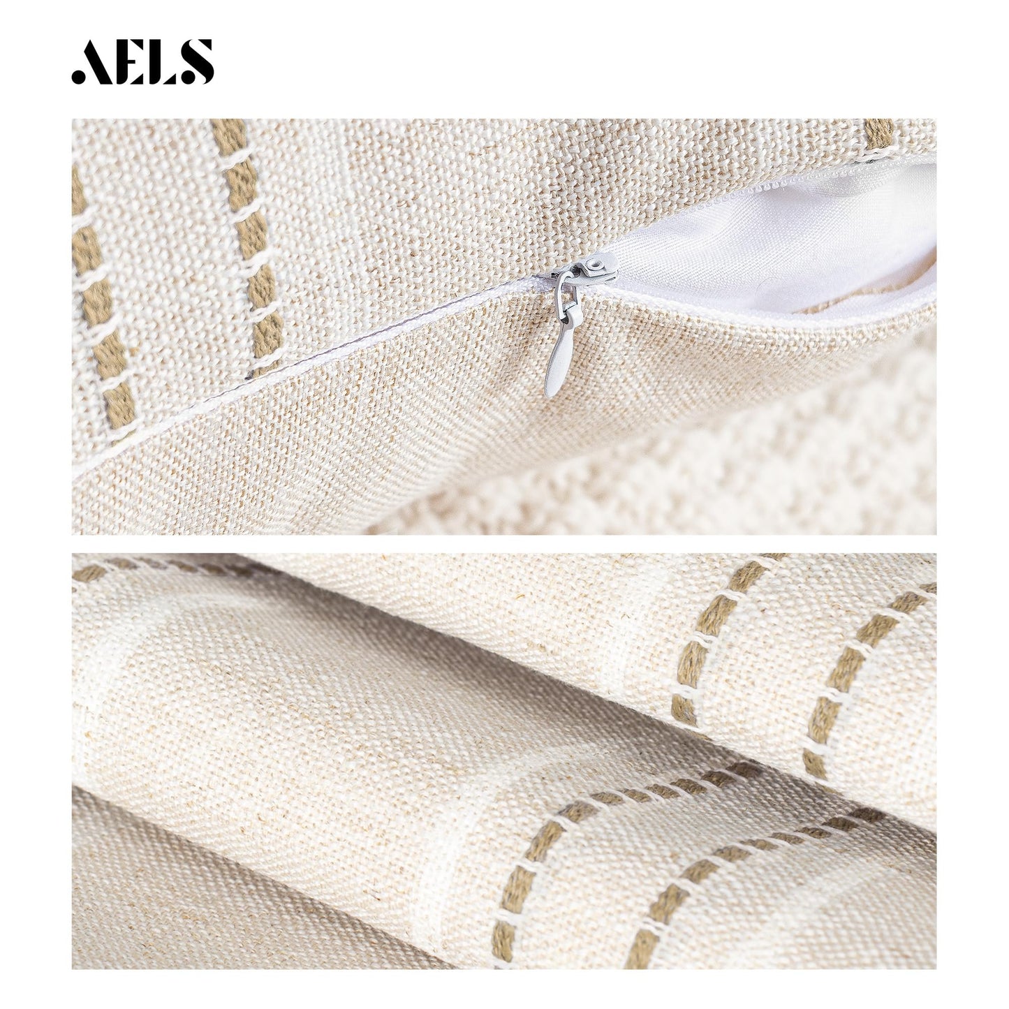AELS 12x20 Decorative Farmhouse Linen Throw Pillow Covers, Boho Rectangle Lumbar Pillow Case, Set of 2, Beige with White & Gray Stripe Patchwork Cushion Cover for Sofa Couch Living Room (Cover ONLY)