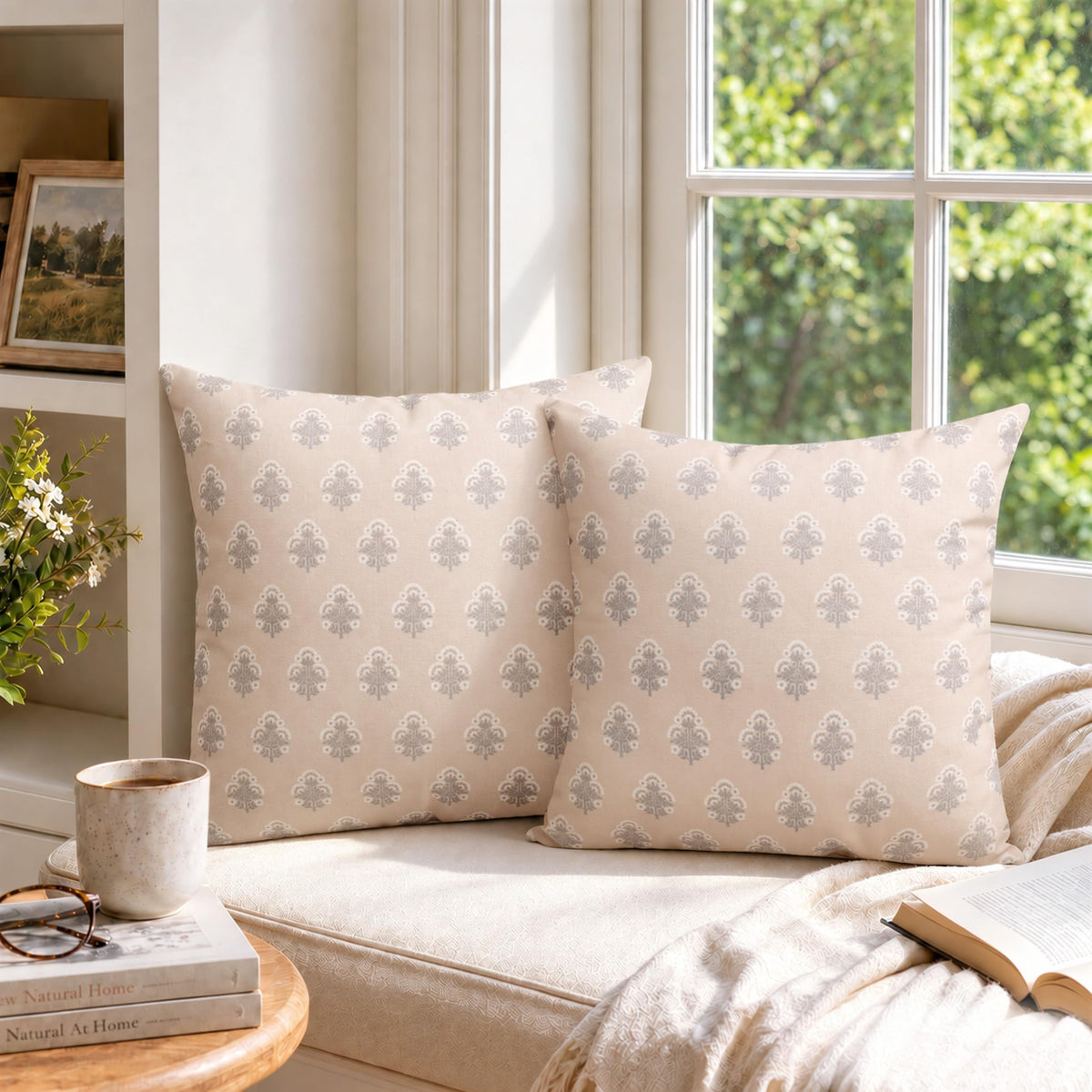 AELS 18x18 Decorative Farmhouse Throw Pillow Covers, Boho Floral Block Print Pillow Covers, Set of 2, Slate Blue Botanical Cushion Covers for Sofa Couch Bed Living Room Bedroom, Cover Only