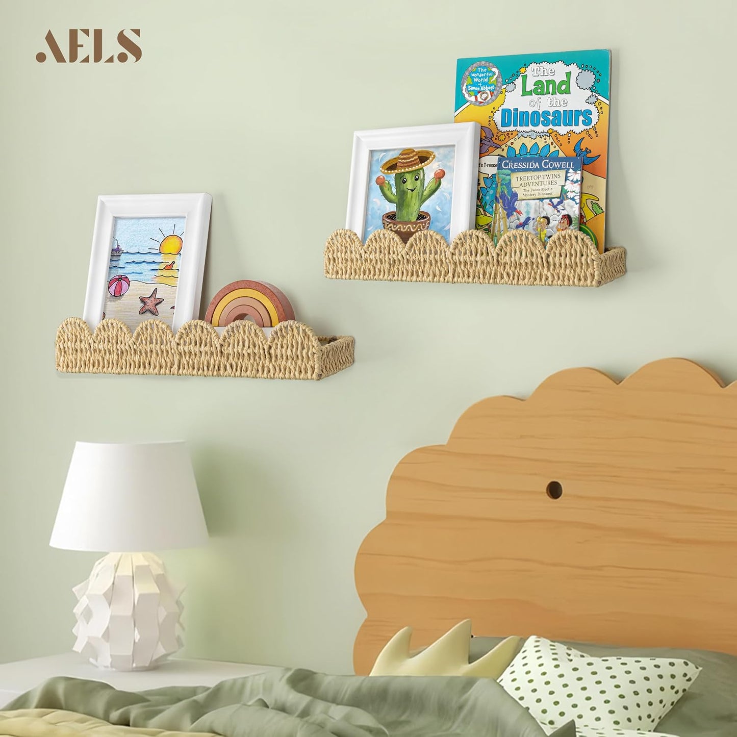 Scalloped Nursery Bookshelf, Set of 2, Picture Ledge Shelf for Wall Decor, Woven Straw Paper Floating Shelves for Books, Toys, Photo Frames, Nursery, Boho Modern Farmhouse Book Shelf, Beige