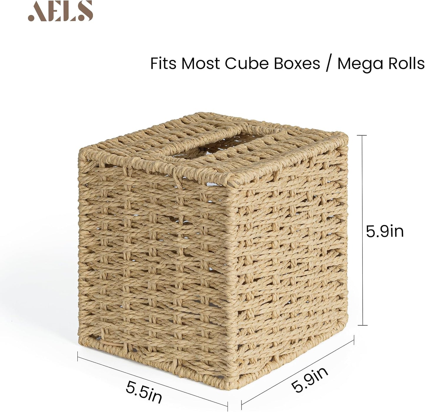 Farmhouse Tissue Box Cover Square, Hand Woven Strawpaper Facial Tissue Paper Holder, Cute Tissue Box Holder Square, Boho Bathroom Decor Box for Tissues Cube Box w/Elastic Bottom, Beige