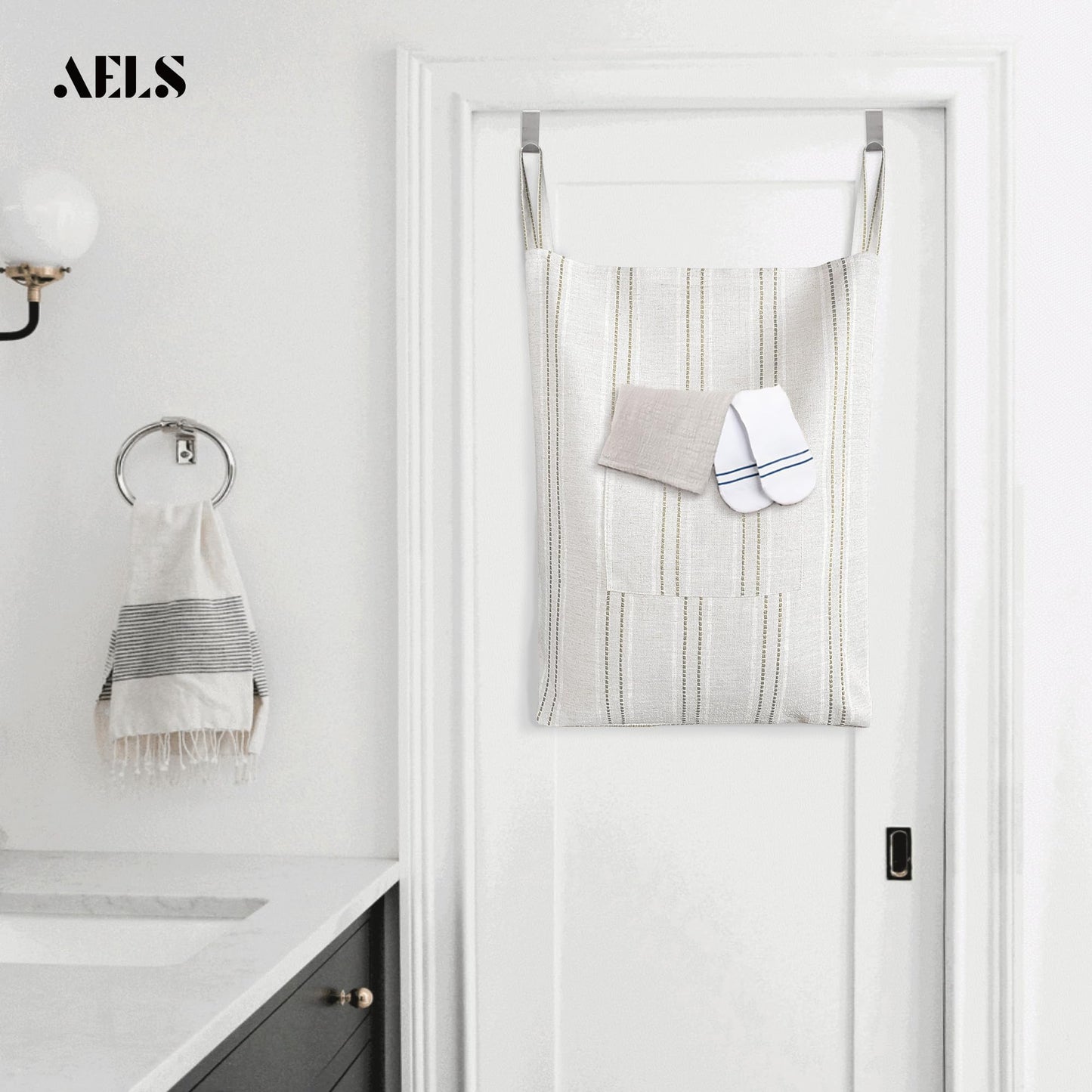 Farmhouse Hanging Laundry Hamper with 2 Hooks, Washable Beige & Stripes Laundry Bag with Zipper & Wide Open Top, Over the Door Organizer for Dirty Clothes, Space Saving Storage