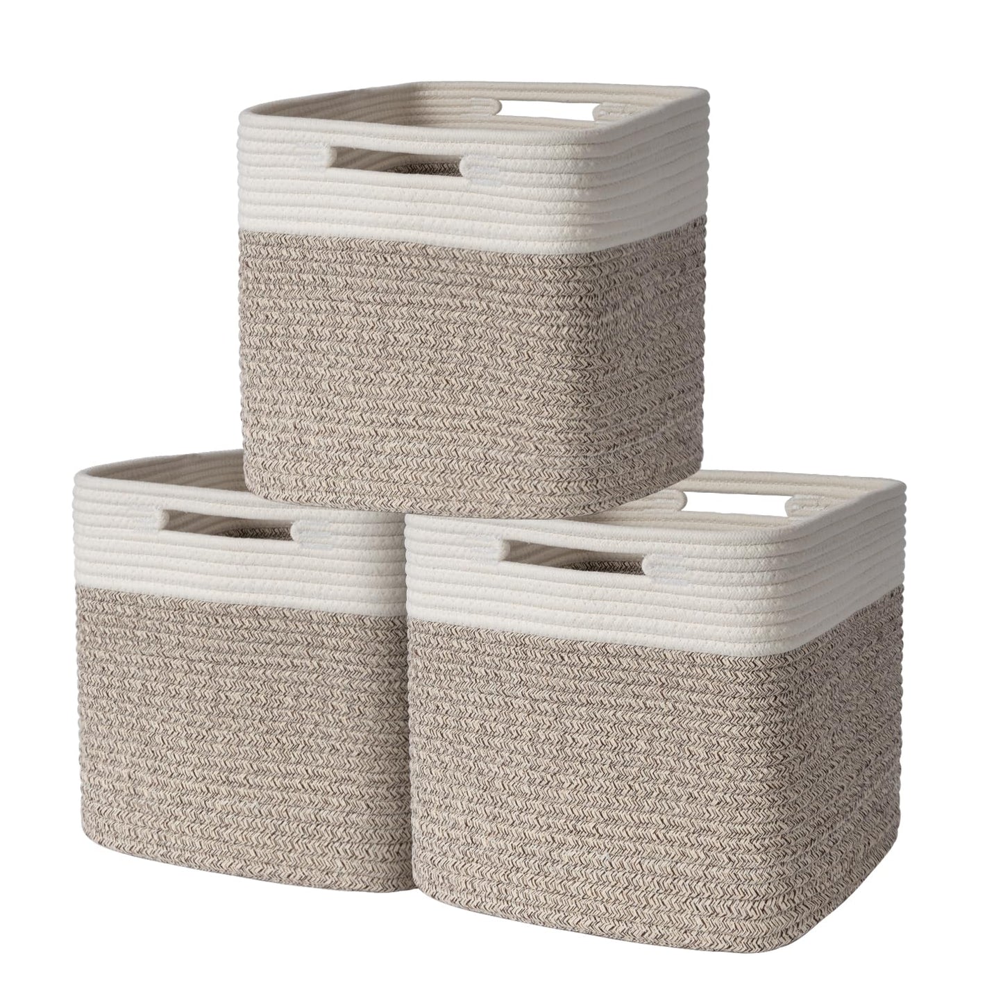Hand Woven Cotton Basket for Storage, Cube Storage Bins with Handles, Foldable Collapsible Closet Organizers and Storage, Boho Farmhouse Storage Cubes for Shelves, Beige