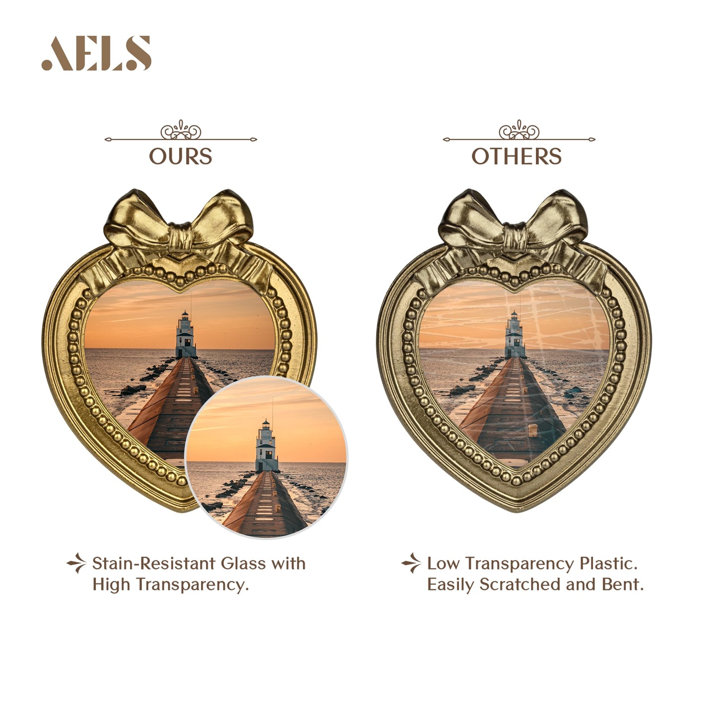AELS 4x4 Inch Heart Shaped Vintage Picture Frame, Elegant Antique Bow Photo Frames with Glass Front, Photo Display, Tabletop Wall Hanging, Gift Ideas, Golden Bronze