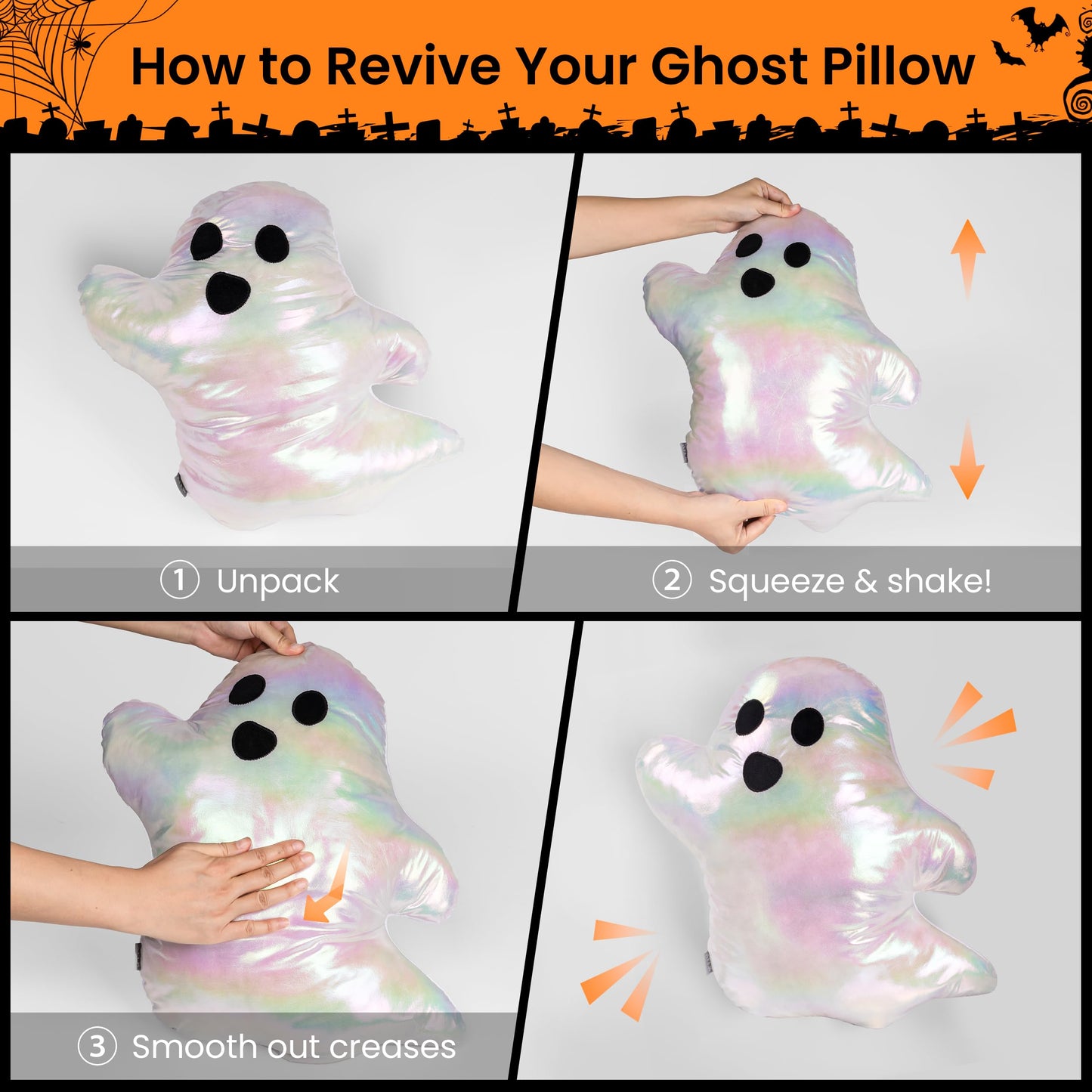 AELS 19.6" Iridescent Ghost Decorative Throw Pillow Set of 2, Ghost Shaped Throw Pillows, Halloween Decorations, Halloween Pillows for Holiday Party Home, Decor for Living Room Bedroom, Rainbow Silver