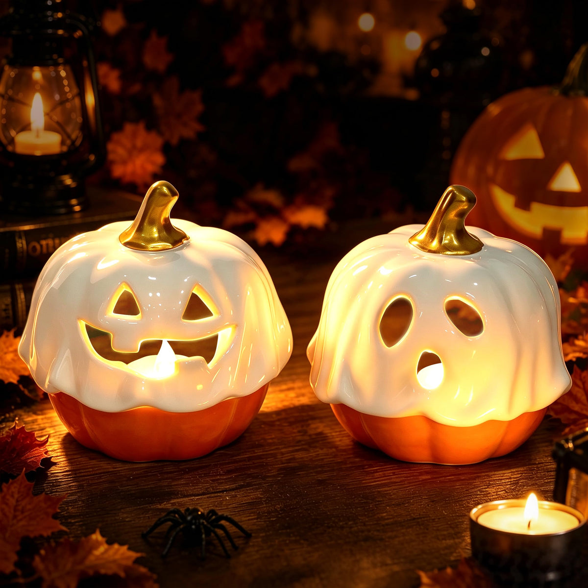 AELS Ceramic Ghost Candle Holder Set of 3, Halloween Tea Light Decor