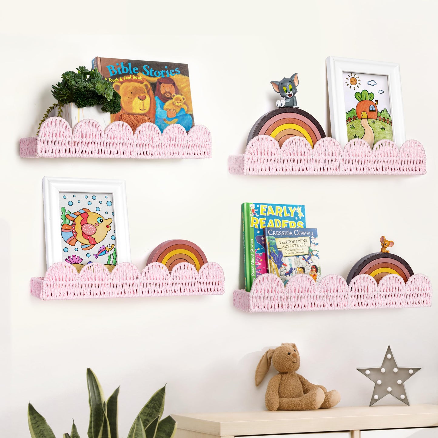 AELS Scalloped Nursery Bookshelf, Set of 2, Picture Ledge Shelf for Wall Decor, Woven Straw Paper Floating Shelves for Books, Toys, Photo Frames, Nursery, Boho Modern Farmhouse Book Shelf, Beige