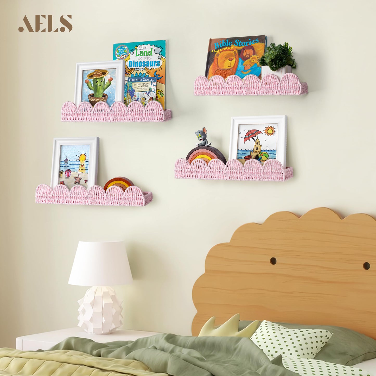 AELS Scalloped Nursery Bookshelf, Set of 2, Picture Ledge Shelf for Wall Decor, Woven Straw Paper Floating Shelves for Books, Toys, Photo Frames, Nursery, Boho Modern Farmhouse Book Shelf, Beige