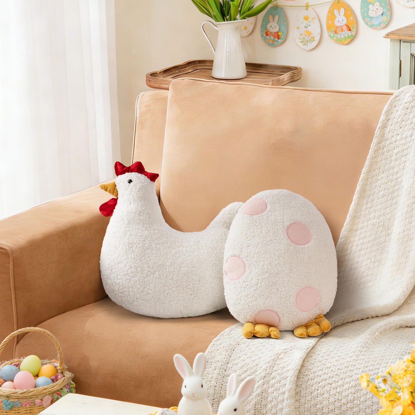 AELS Easter Egg & Chicken Shaped Throw Pillows, Set of 2, Easter Egg and Rooster Decorative Pillows, Spring Easter Decor for Sofa Couch Living Room Bedroom Nursery, White
