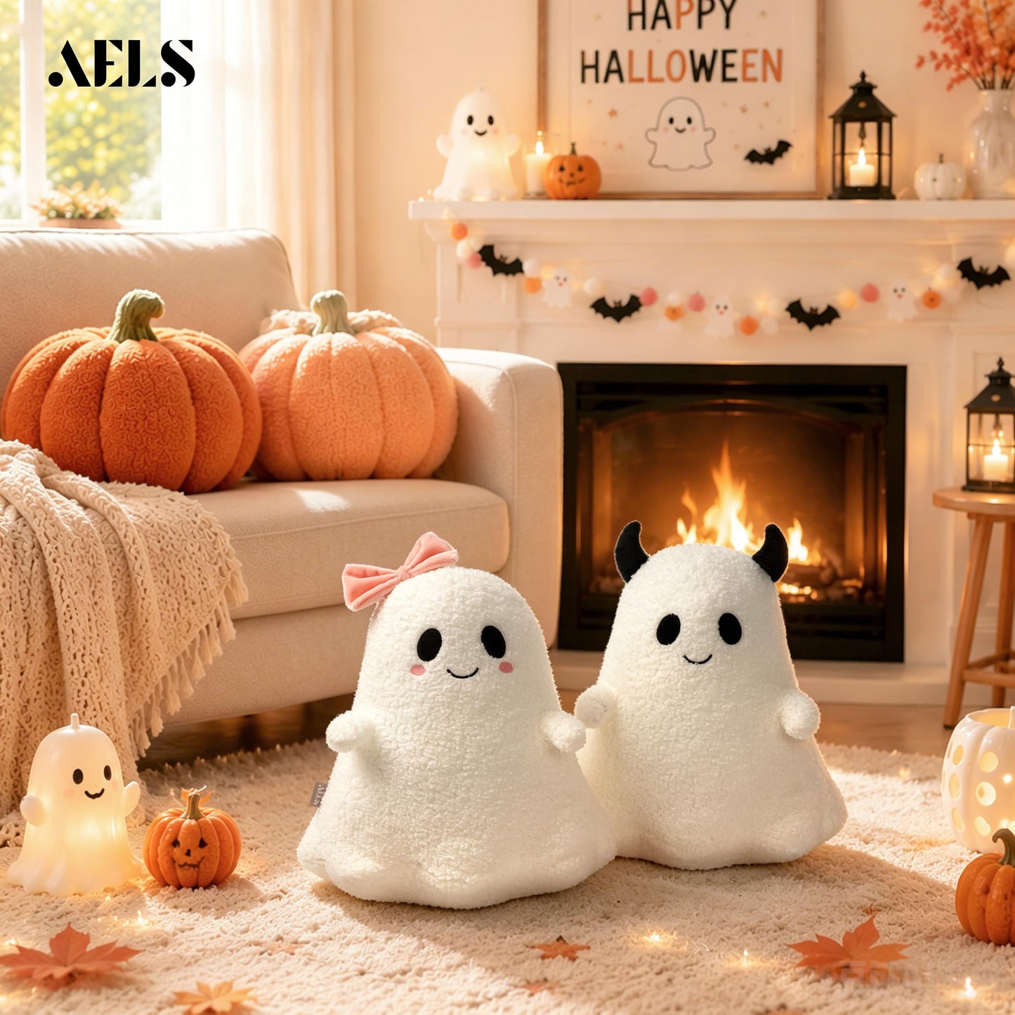 AELS Ghost with Horns Throw Pillow, Spooky Halloween Decorative Pillow | Soft Plush White Ghost Pillow for Couch Sofa Bed Living Room Decor, Cute Spooky Halloween Party Decoration