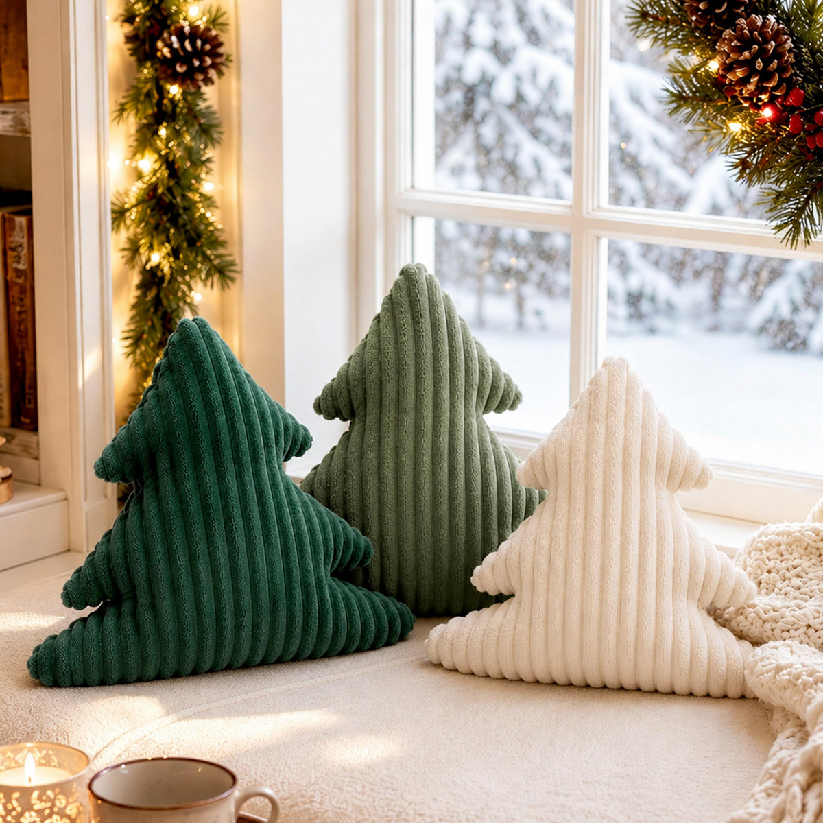 AELS Faux Fur Christmas Tree Decorative Pillow Set of 3, Forest Green Series