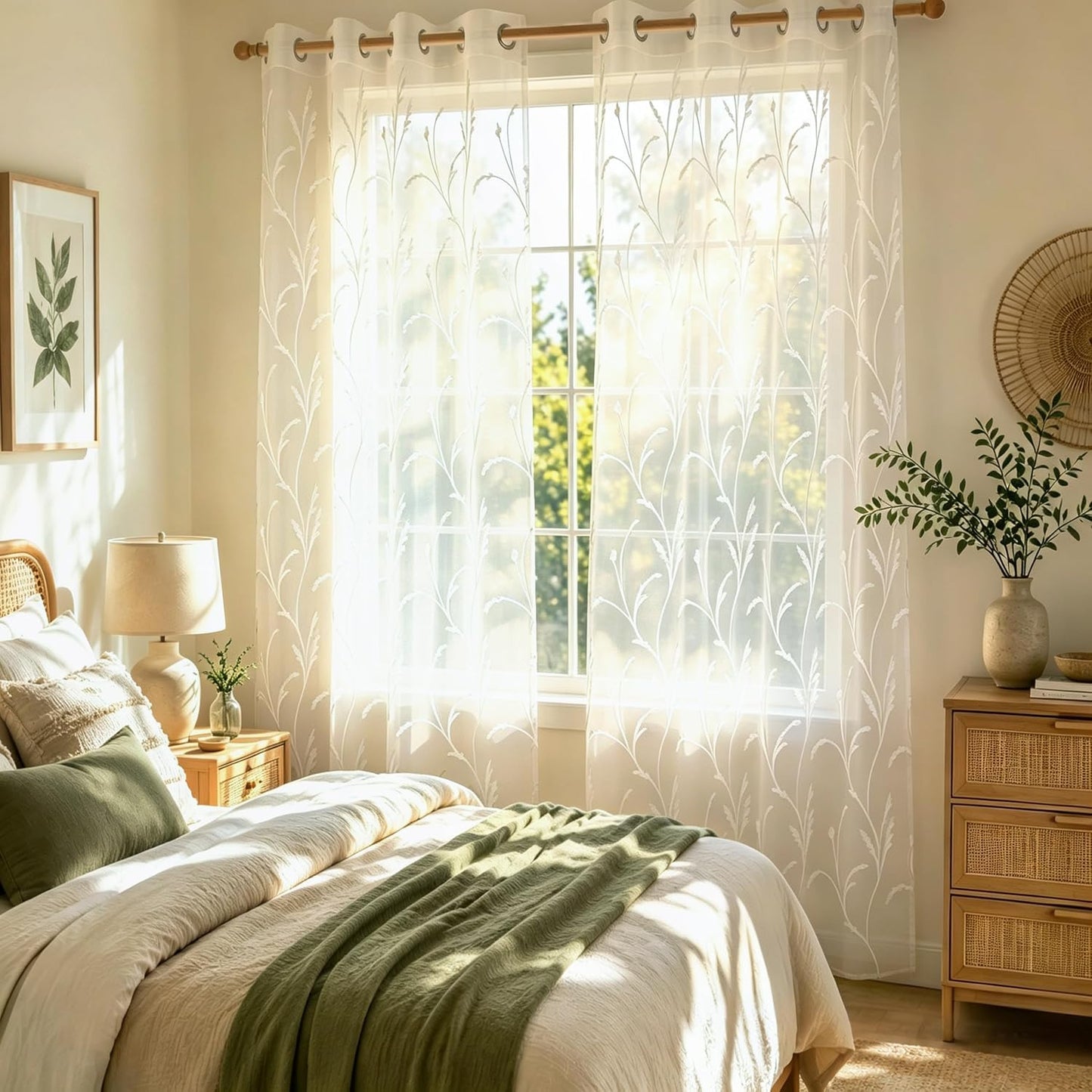 Semi White Sheer Curtains 84 Inches Long 2 Panels Set, White Stem | Embroidered Leaf Patterned Voile Window Treatments for Living Room Bedroom, Airy Light Filtering Grommet Curtains 52"W x 84"L