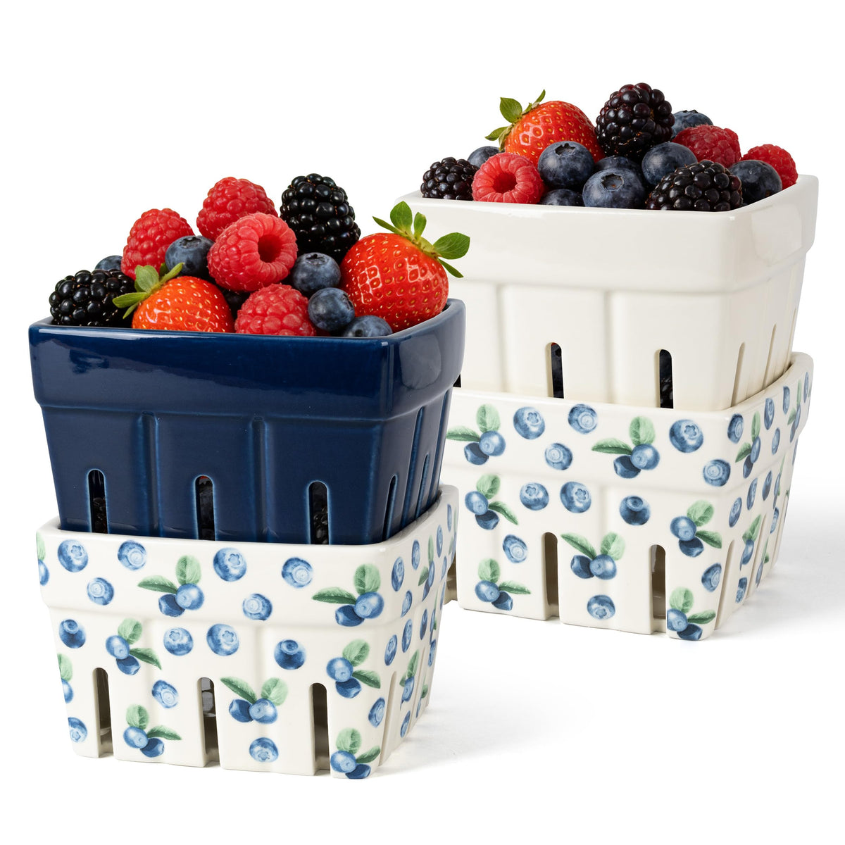Ceramic Berry Basket, Farmhouse Fruit Bowl Container for Fruit & Vegetables, Farmers Market, Pink Floral Pattern, Kitchen Decor, Stoneware Harvest Bowls, Set of 4