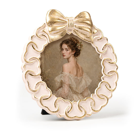 AELS 5x5 Inch Vintage Round Scalloped Picture Frame, Elegant Antique Bow Resin Photo Frame with Glass Front, Tabletop or Wall Mount Display, Ivory Gold