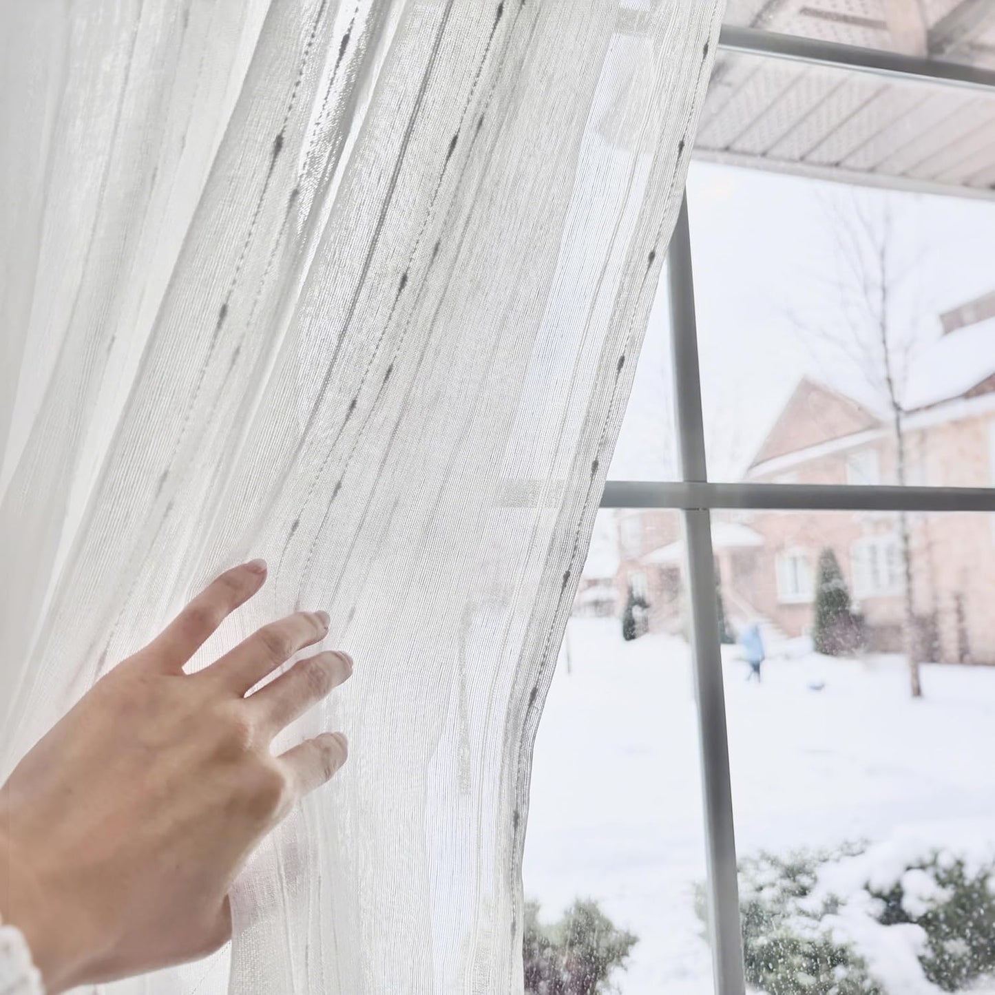 Creamy White Semi Sheer Curtains 52 x 84 Inches Long 2 Panels, White Striped Window Curtains for Living Room Bedroom, Boho Light Filtering Textured Voile Sheer Curtain, Layered Stripes
