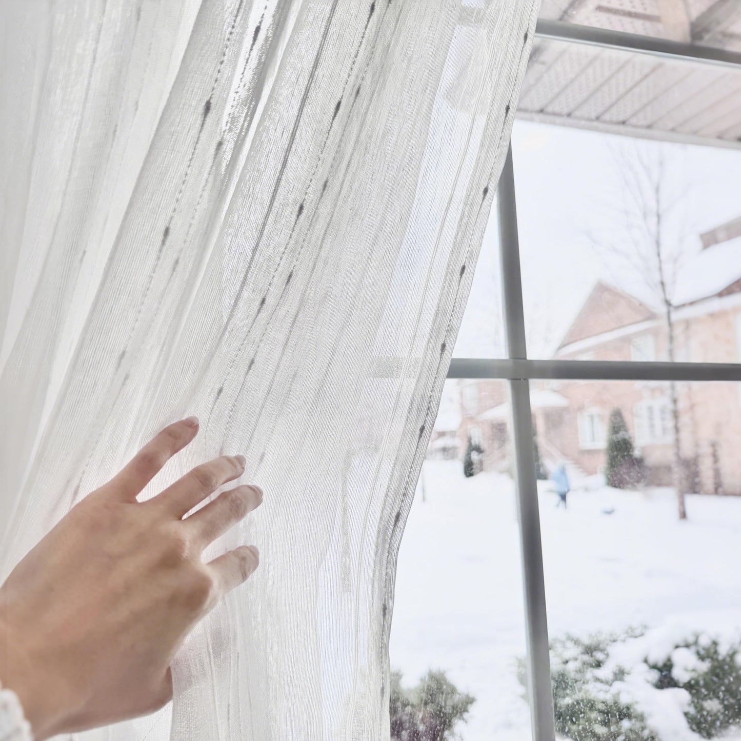 AELS Creamy White Semi Sheer Curtains 52 x 84 Inches Long 2 Panels, Striped Sheer Curtains for Living Room Bedroom, Textured Voile Sheer Boho Light Filtering Farmhouse Grommet Curtain