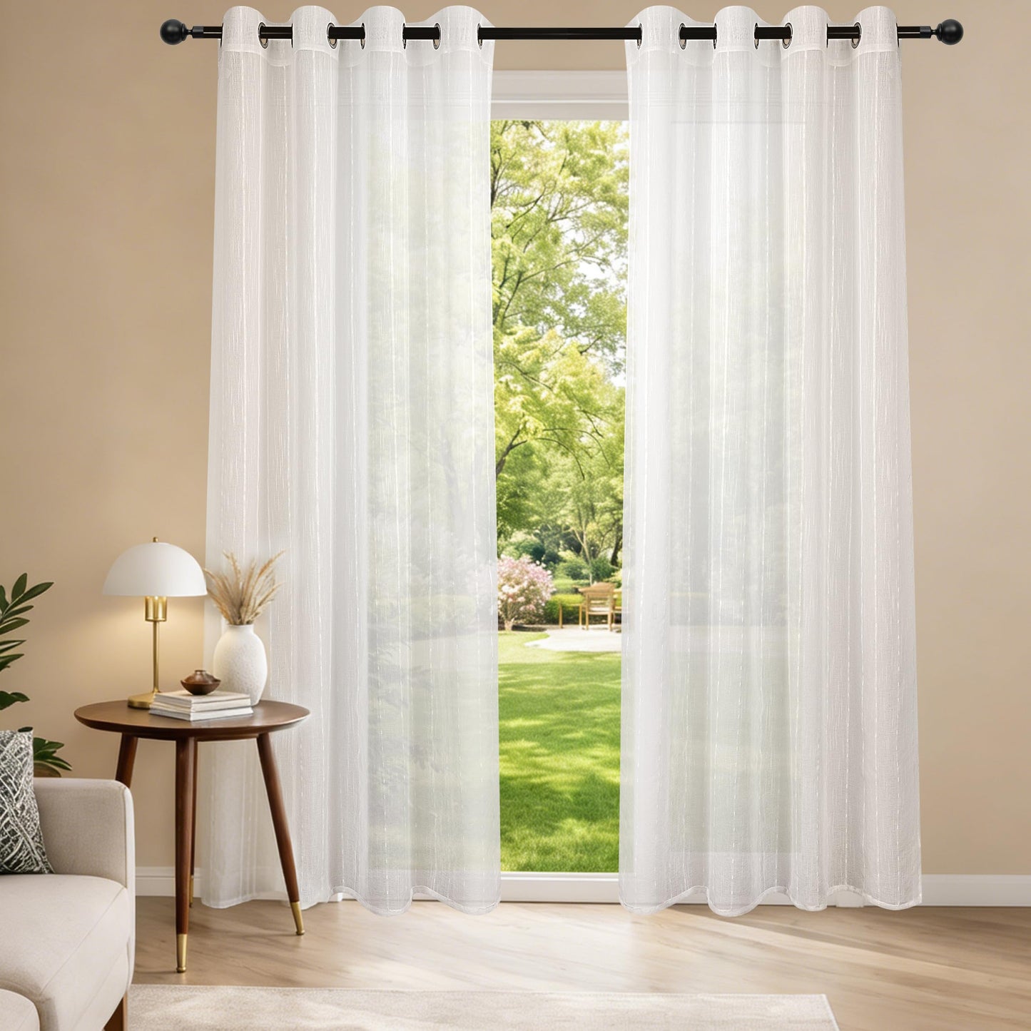 AELS Creamy White Semi Sheer Curtains 52 x 84 Inches Long 2 Panels, Striped Sheer Curtains for Living Room Bedroom, Textured Voile Sheer Boho Light Filtering Farmhouse Grommet Curtain