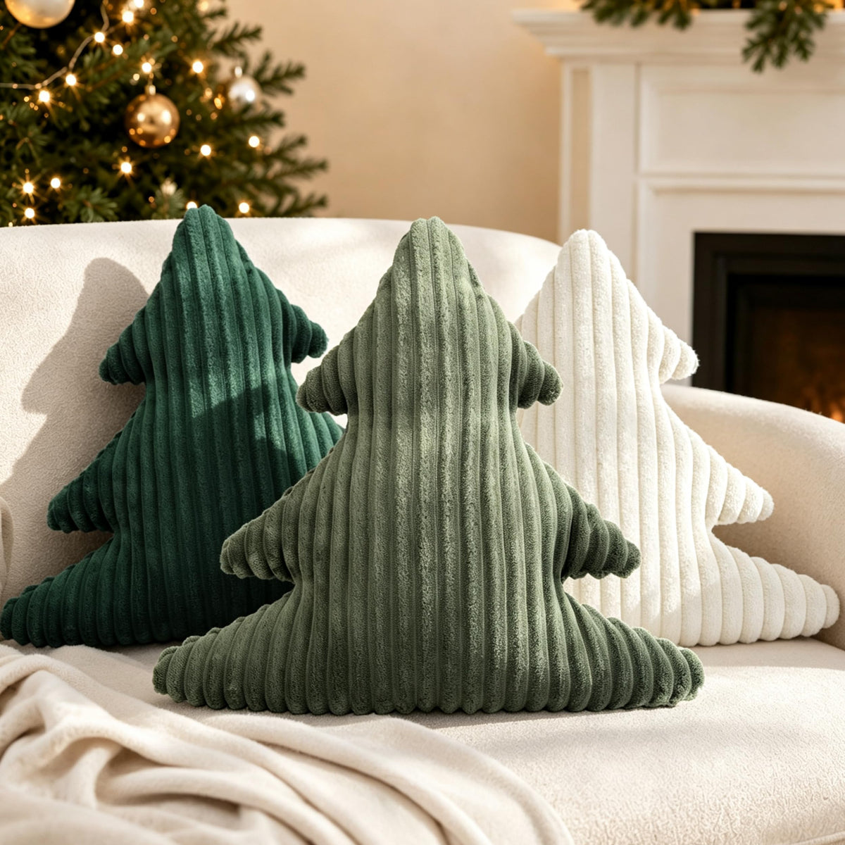 AELS Faux Fur Christmas Tree Decorative Pillow Set of 3, Forest Green Series