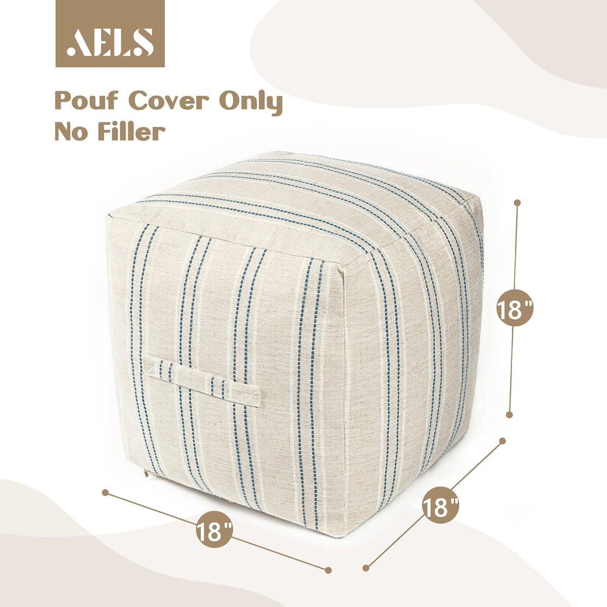 AELS Unstuffed Farmhouse Pouf Cover for Living Room, Boho Storage Bean Bag Cubes, Beige with Navy Blue Stitch Yarn Dyed Stripe Square Ottoman Pouf Foot Rest Footstool, 18"x18"x18", Cover ONLY