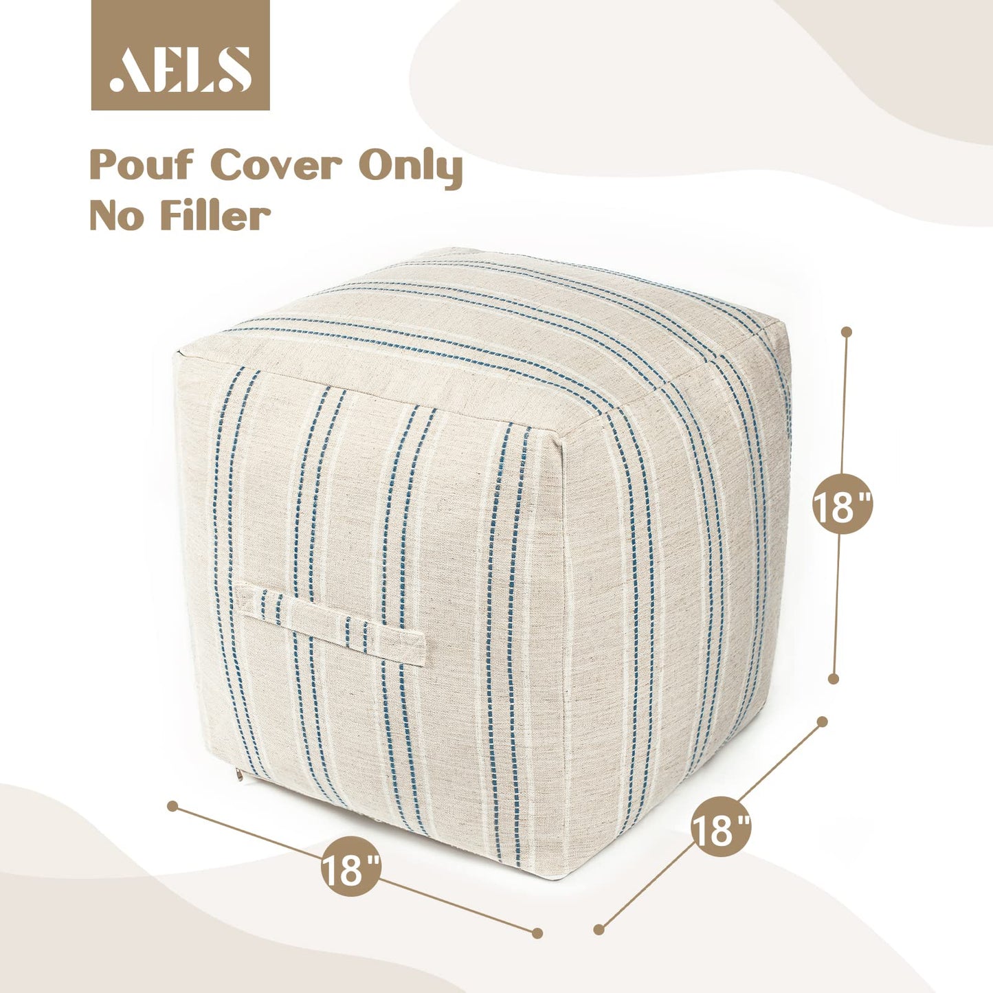 AELS Unstuffed Farmhouse Pouf Cover for Living Room, Boho Storage Bean Bag Cubes, Beige with Brown Stitch Yarn Dyed Stripe Square Ottoman Pouf Foot Rest Footstool, 18"x18"x18", Cover ONLY