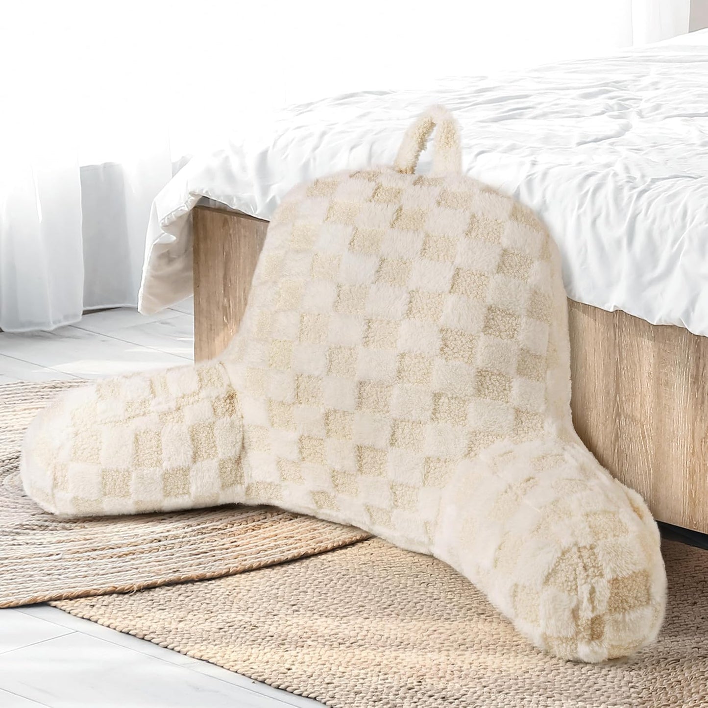 AELS Large Reading Pillow Replacement Cover with Arms and Pockets (Cover ONLY), 18" Soft Faux Fur Checkered Backrest Pillow Cover Fits Standard Size Reading Pillows, Beige