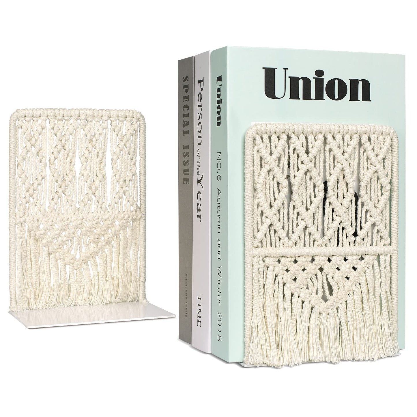 Boho Macrame Bookends, Heavy Duty Metal Book Ends, Decorative Unique Bookend Supports for Shelves, Stopper for Books/Movies/CD, Farmhouse Decoration,Thanksgiving for Friends