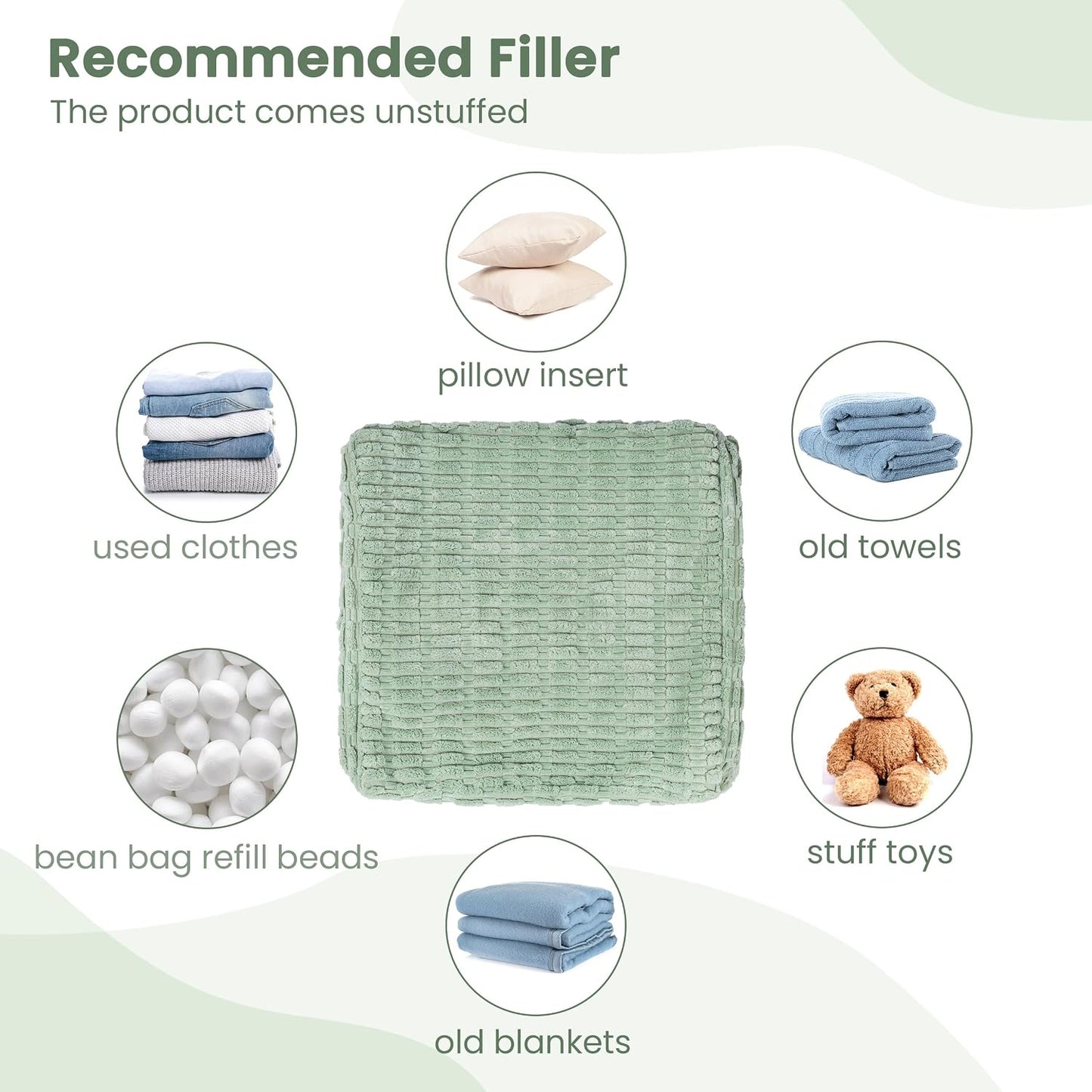 Unstuffed Farmhouse Pouf Cover for Living Room, Boho Storage Bean Bag Cubes, Sage Green Soft Corduroy Plush Sripe Square Ottoman Pouf Foot Rest Footstool, 18"x18"x18", Cover ONLY