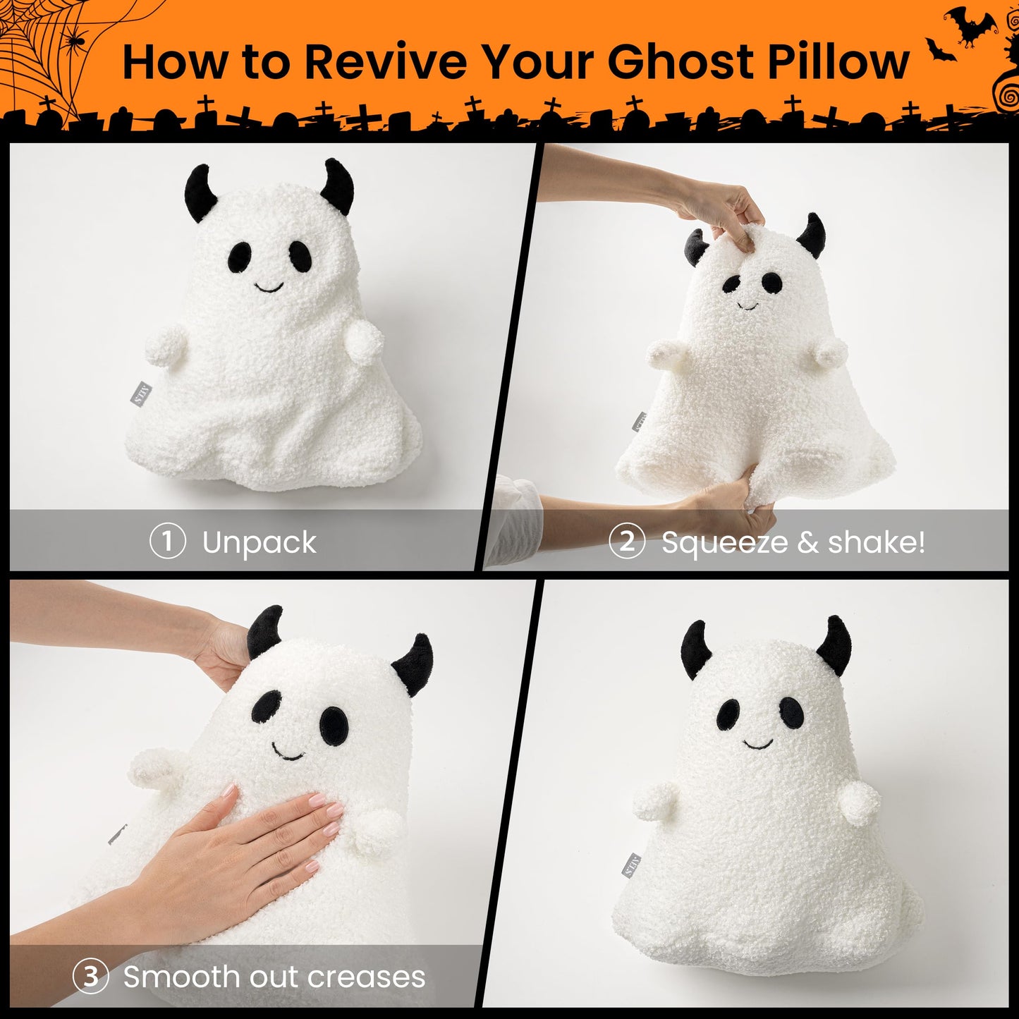 AELS Ghost with Horns Throw Pillow, Spooky Halloween Decorative Pillow | Soft Plush White Ghost Pillow for Couch Sofa Bed Living Room Decor, Cute Spooky Halloween Party Decoration