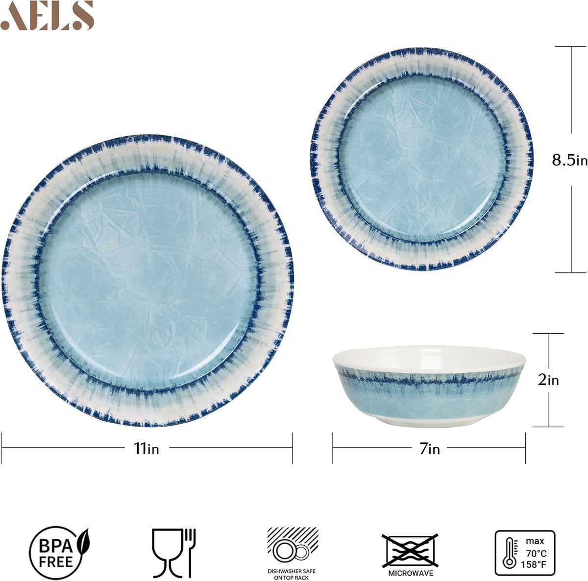 AELS Melamine Dinnerware Set of 18 Pcs Dinner Dishes Set, Lightweight Unbreakable for Indoor and Outdoor Use, BPA Free, Dishwasher Safe, Light Blue