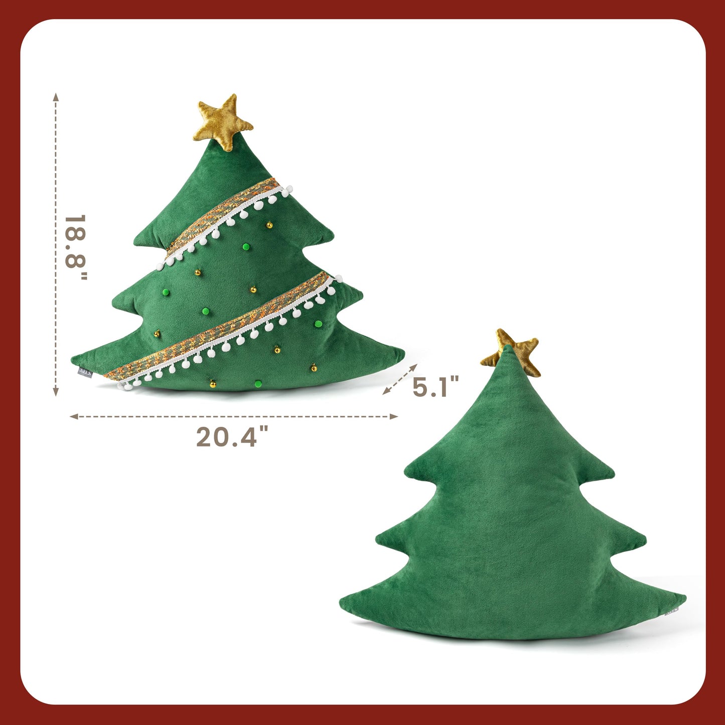 AELS Christmas Tree Decorative Throw Pillow with Golden Bell and Pompom, 20 Inch Holiday Throw Pillows for Christmas Decor, Plush Tree Shaped Decorative Pillows for Living Room Bedroom Sofa