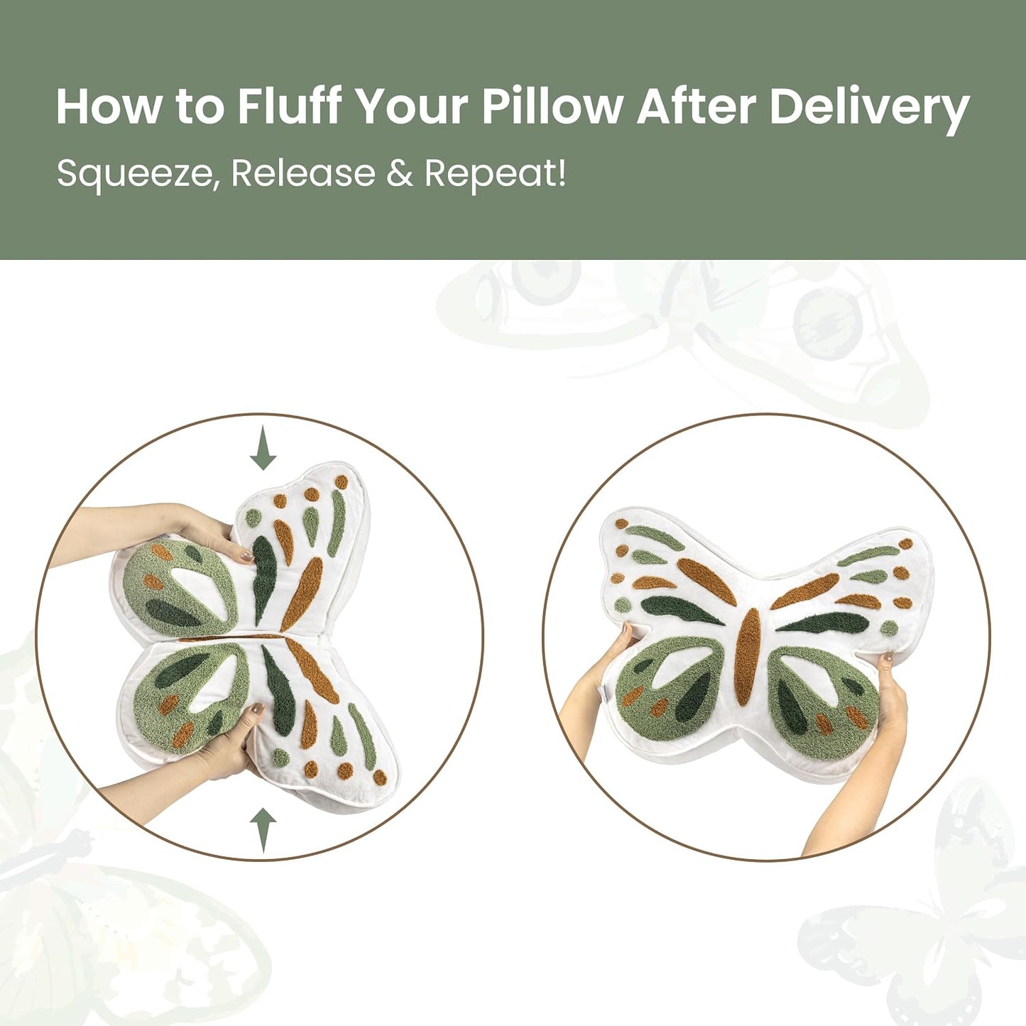 AELS Butterfly Pillow, Tufted Decorative Throw Pillows, 19.6" x 15.7", Soft Plush Stuffed Animal, Cute Pillow for Living Room, Bedroom, Sage Green