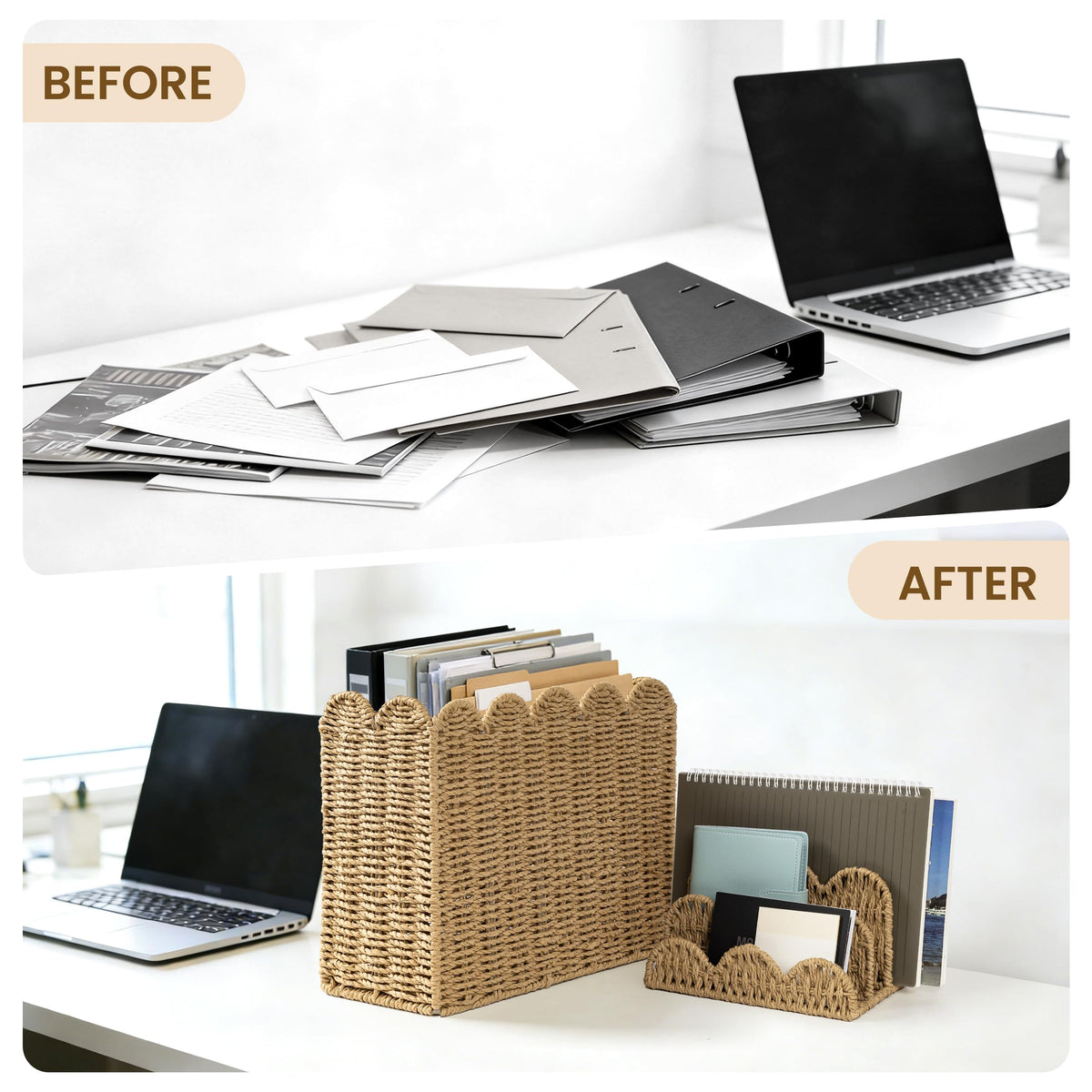 AELS Woven Natural Fibre Magazine Holder, Scalloped Edge Floor Magazine Rack, Hand-woven Organizer, Boho Modern Farmhouse Book Basket, File Newspaper Mail Holder for Office