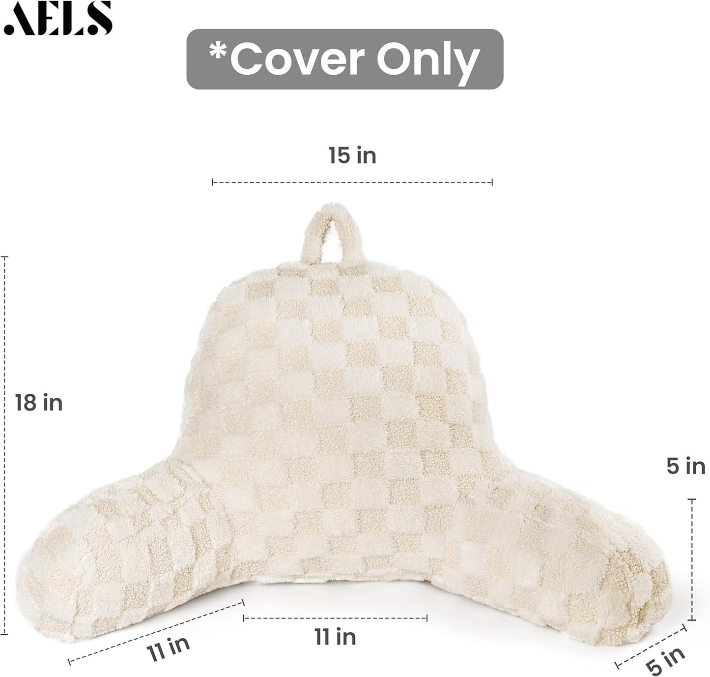 AELS Large Reading Pillow Replacement Cover with Arms and Pockets (Cover ONLY), 18" Soft Faux Fur Checkered Backrest Pillow Cover Fits Standard Size Reading Pillows, Beige