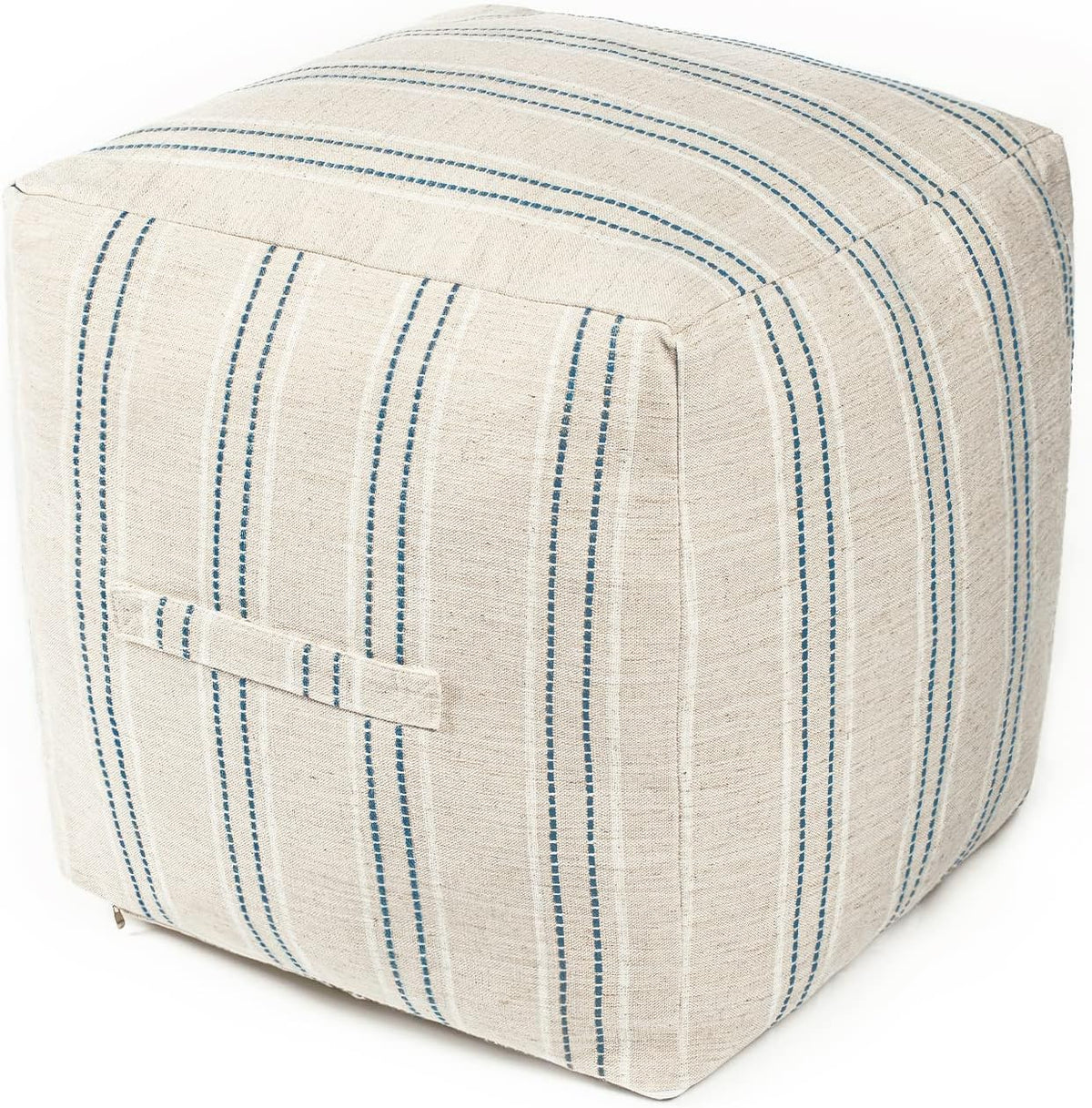 AELS Unstuffed Farmhouse Pouf Cover for Living Room, Boho Storage Bean Bag Cubes, Beige with Navy Blue Stitch Yarn Dyed Stripe Square Ottoman Pouf Foot Rest Footstool, 18"x18"x18", Cover ONLY