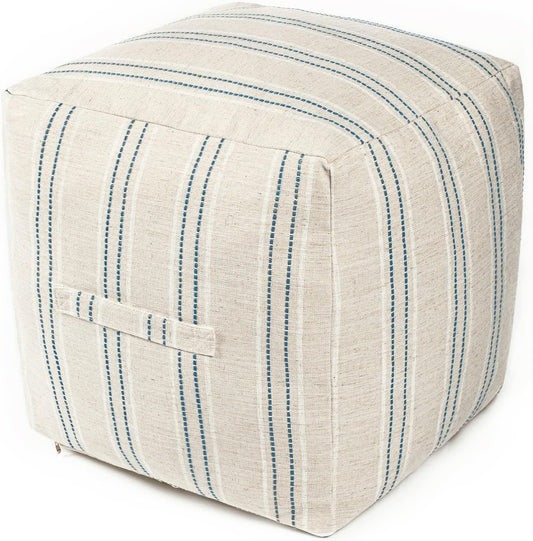 AELS Unstuffed Farmhouse Pouf Cover for Living Room, Boho Storage Bean Bag Cubes, Beige with Navy Blue Stitch Yarn Dyed Stripe Square Ottoman Pouf Foot Rest Footstool, 18"x18"x18", Cover ONLY