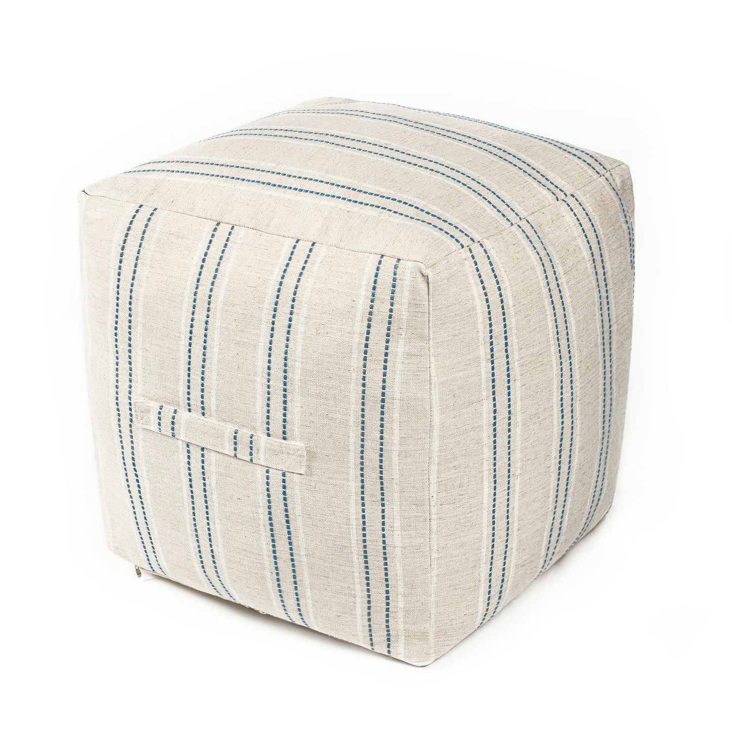 AELS Unstuffed Farmhouse Pouf Cover for Living Room, Boho Storage Bean Bag Cubes, Beige with Brown Stitch Yarn Dyed Stripe Square Ottoman Pouf Foot Rest Footstool, 18"x18"x18", Cover ONLY