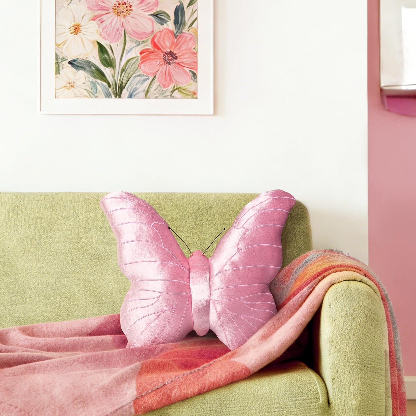 AELS Butterfly Pillow, Shining Velvet Decorative Throw Pillows, 18" x 13", Soft Plush Stuffed Animal, Cute Pillow for Living Room, Bedroom, Blush Pink