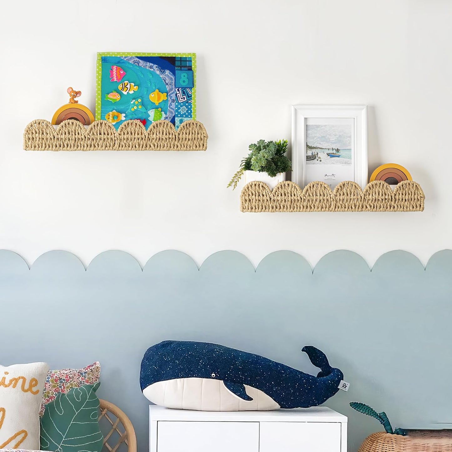Scalloped Nursery Bookshelf, Set of 2, Picture Ledge Shelf for Wall Decor, Woven Straw Paper Floating Shelves for Books, Toys, Photo Frames, Nursery, Boho Modern Farmhouse Book Shelf, Beige