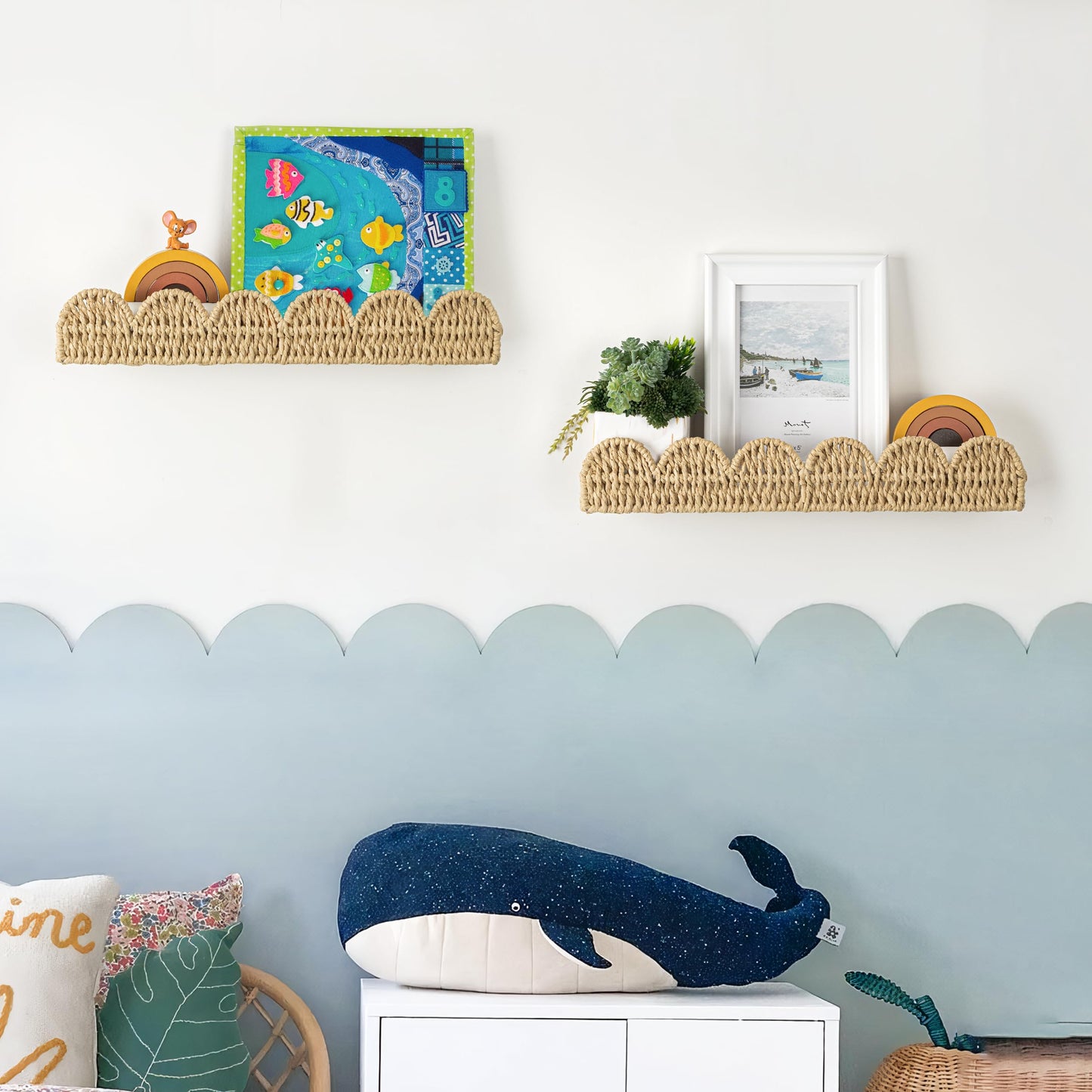 AELS Scalloped Nursery Bookshelf, Set of 2, Picture Ledge Shelf for Wall Decor, Woven Straw Paper Floating Shelves for Books, Toys, Photo Frames, Nursery, Boho Modern Farmhouse Book Shelf, Beige