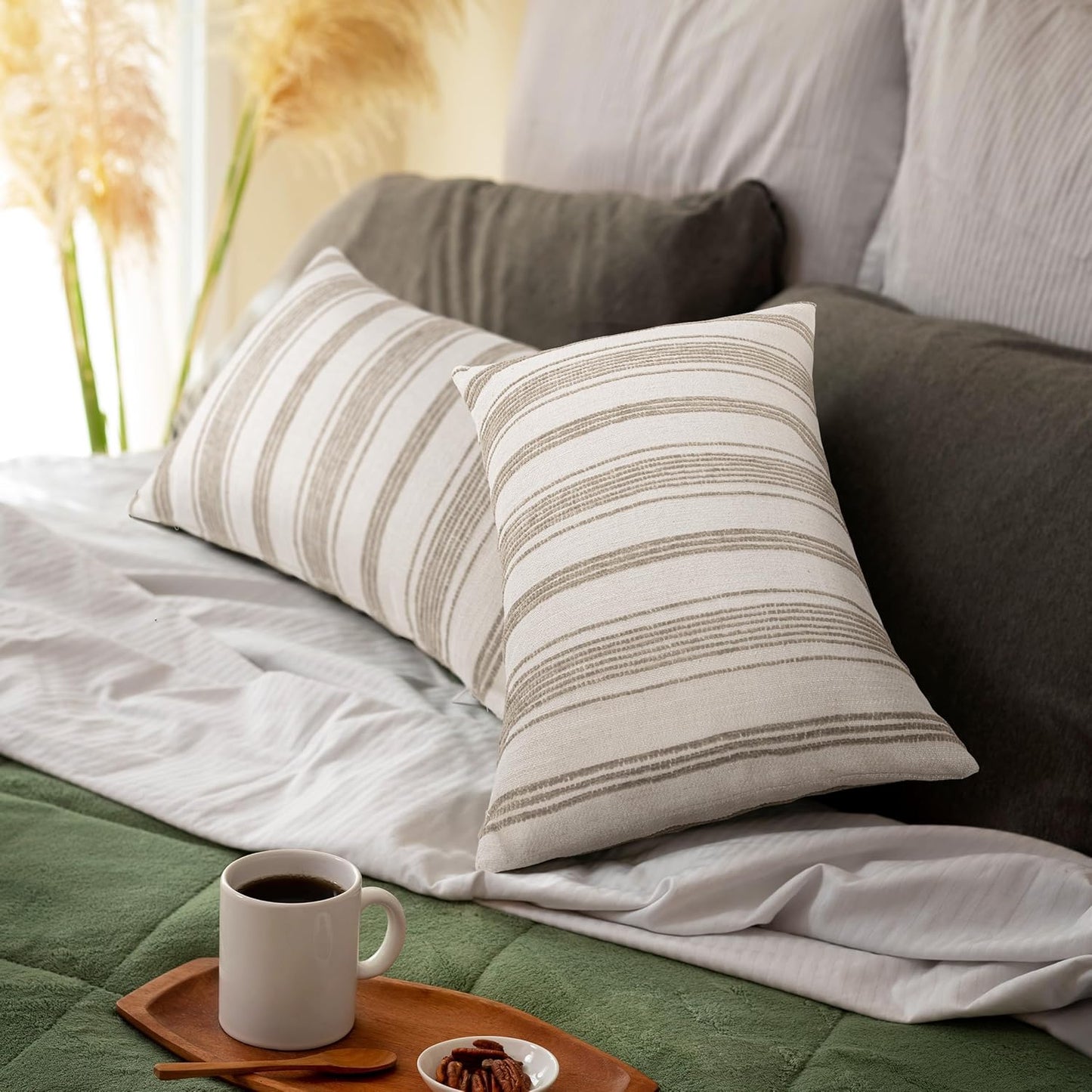 AELS 12x20 Decorative Farmhouse Linen Lumbar Pillow Covers, Beige with Olive Green Chenille Striped Pillow Case, Set of 2, Boho Textured Cushion Cover for Sofa Couch Living Room (Cover ONLY)