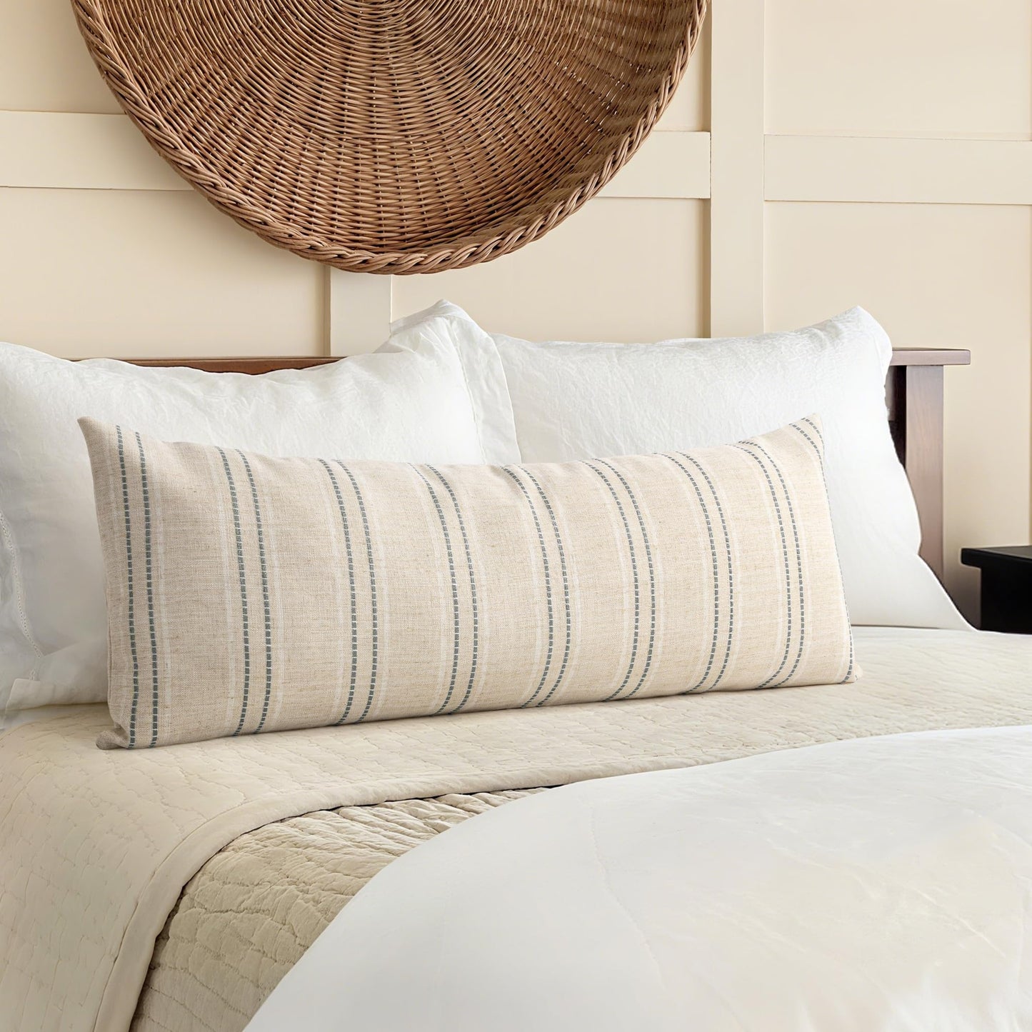 AELS 12x20 Decorative Farmhouse Linen Blend Throw Pillow Covers, Boho Textured Pillow Case, Set of 2, Beige with White & Brown Stitch Yarn Dyed Stripe Cushion Cover for Sofa Living Room (Cover ONLY)