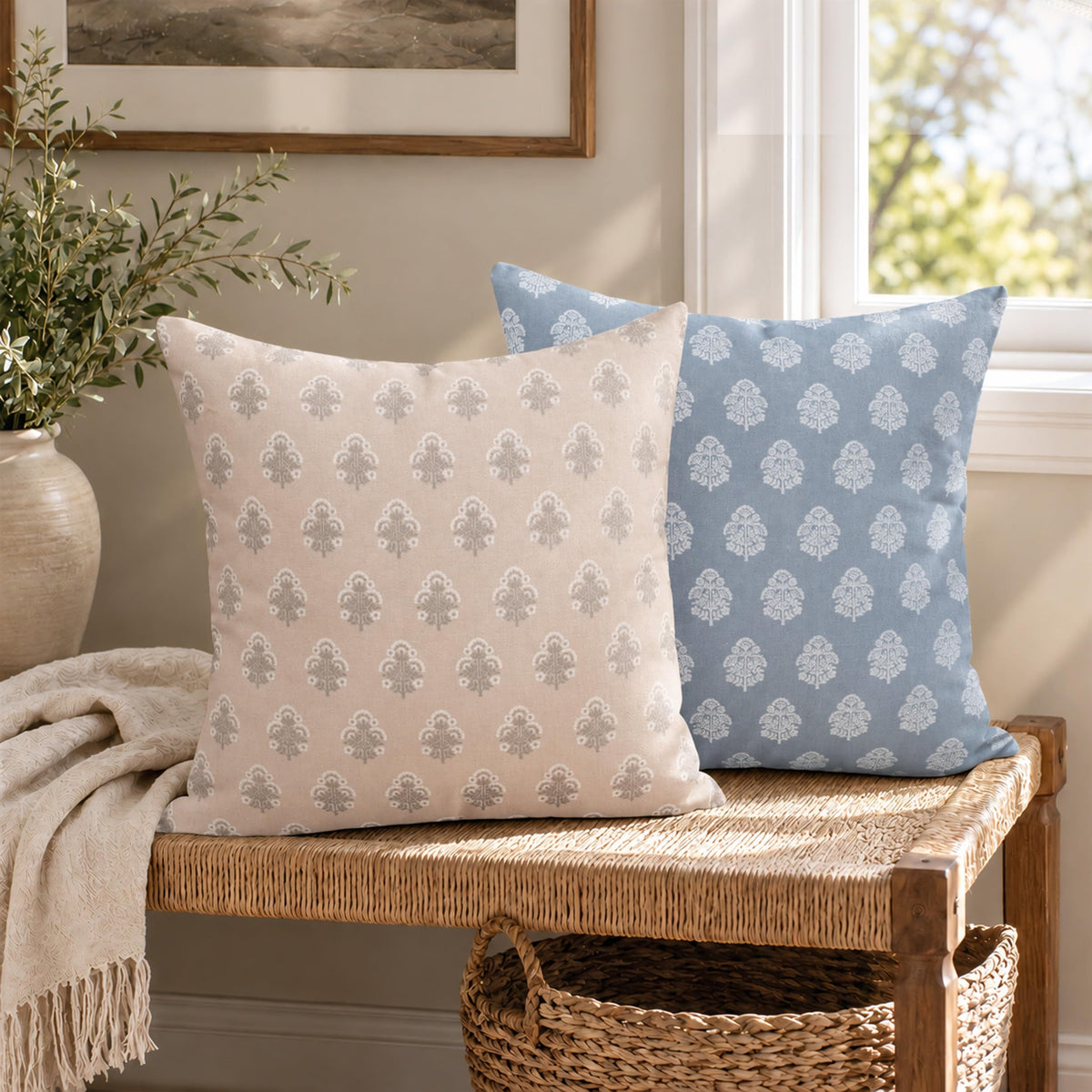 AELS 18x18 Decorative Farmhouse Throw Pillow Covers, Boho Floral Block Print Pillow Covers, Set of 2, Slate Blue Botanical Cushion Covers for Sofa Couch Bed Living Room Bedroom, Cover Only